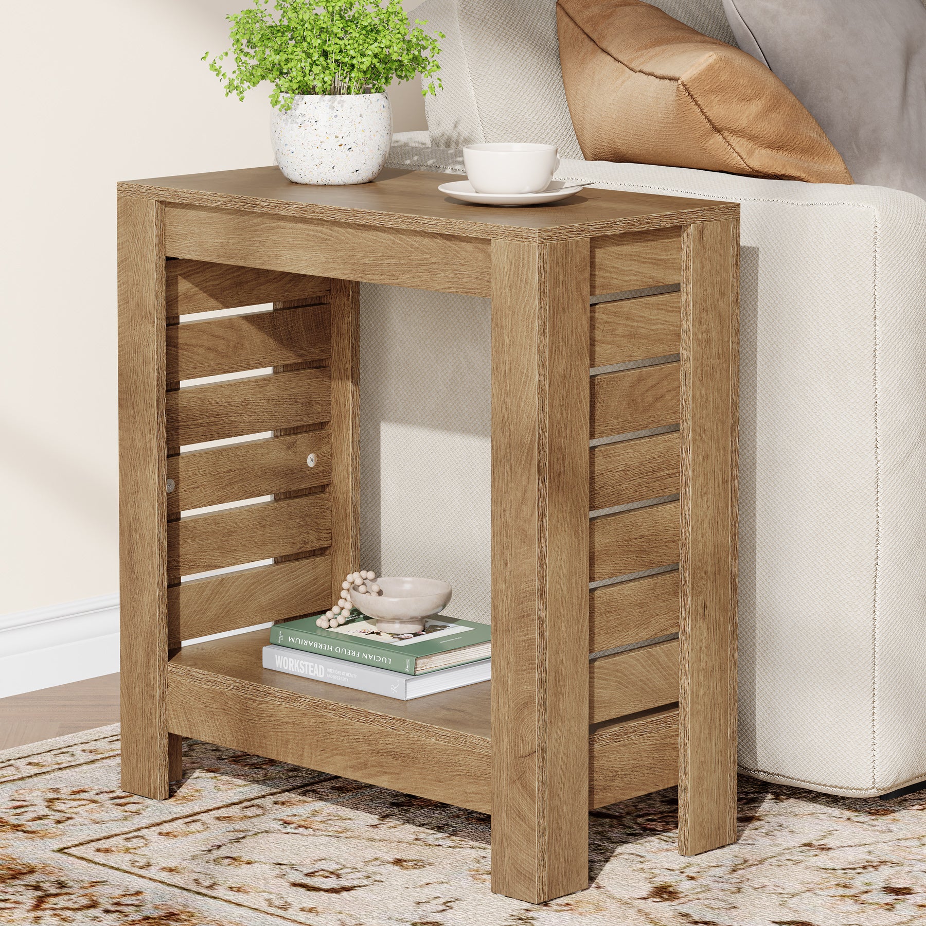 2-Tier Side Table, Wooden End Table Nightstand with Storage Shelf - Image 3