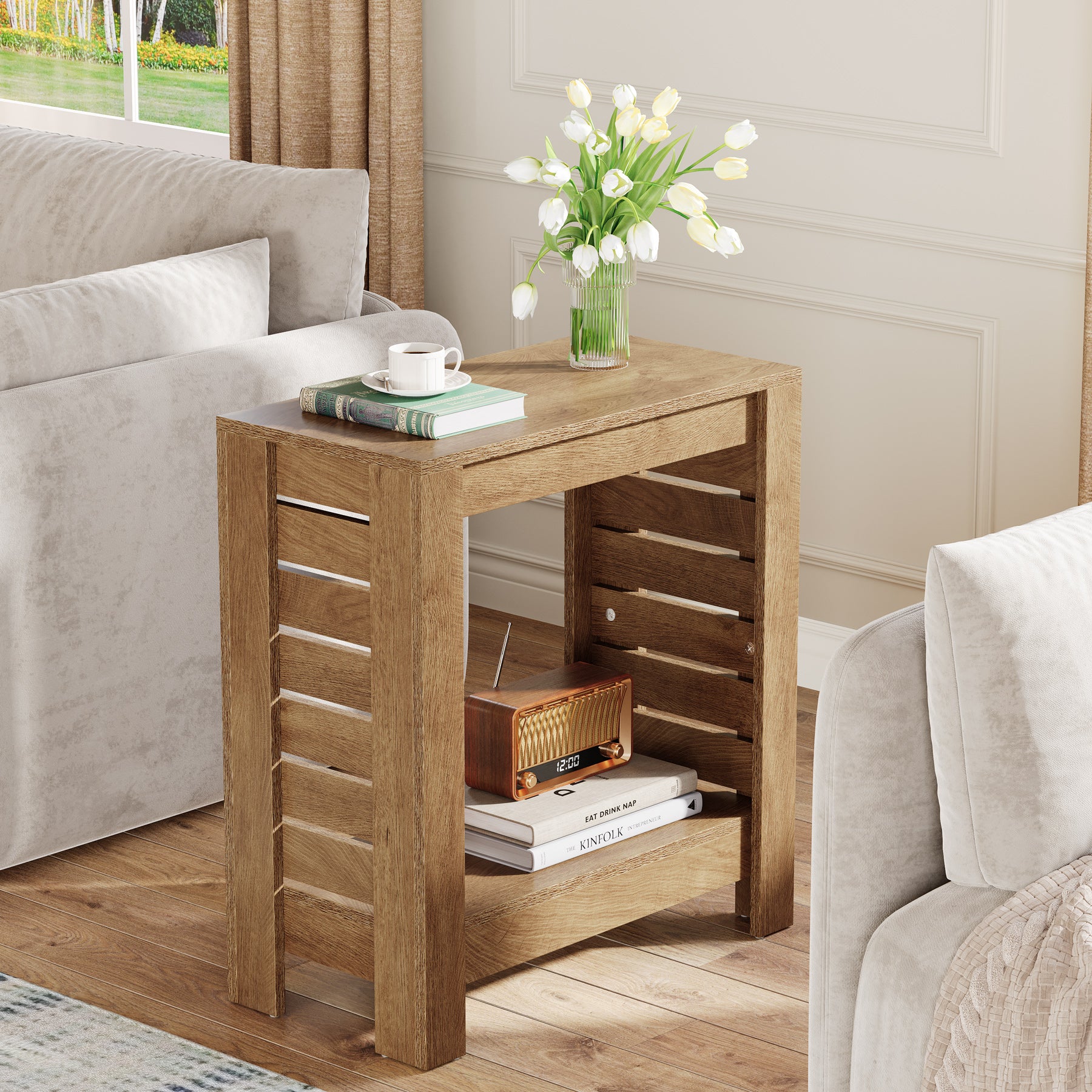 2-Tier Side Table, Wooden End Table Nightstand with Storage Shelf - Image 4