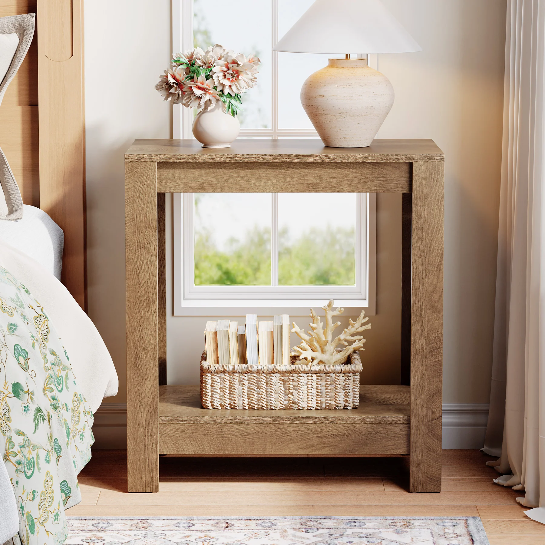 2-Tier Side Table, Wooden End Table Nightstand with Storage Shelf - Image 9