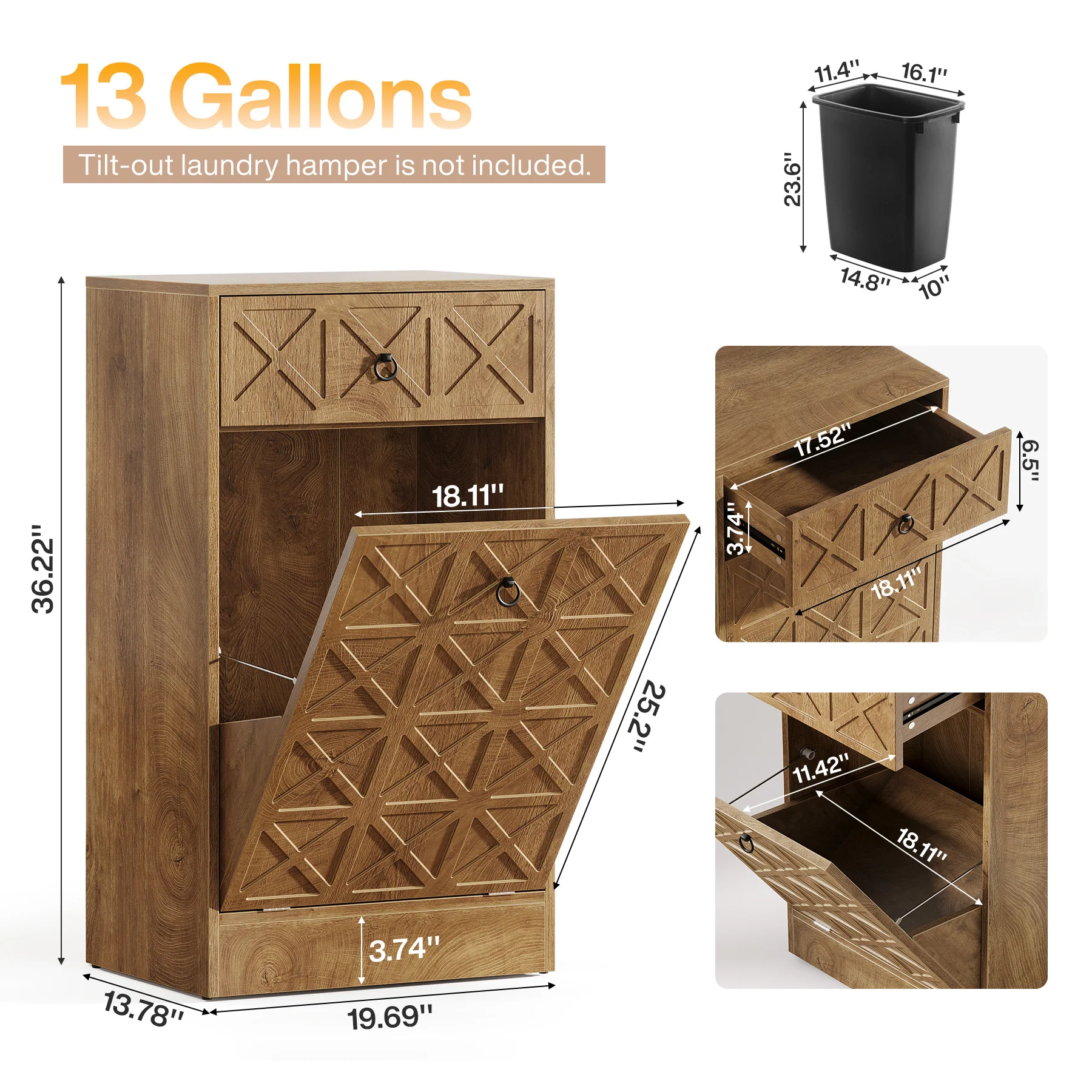 13 Gallon Tilt-Out Laundry Hamper, Wooden Hidden Cabinet with Drawer - Image 2