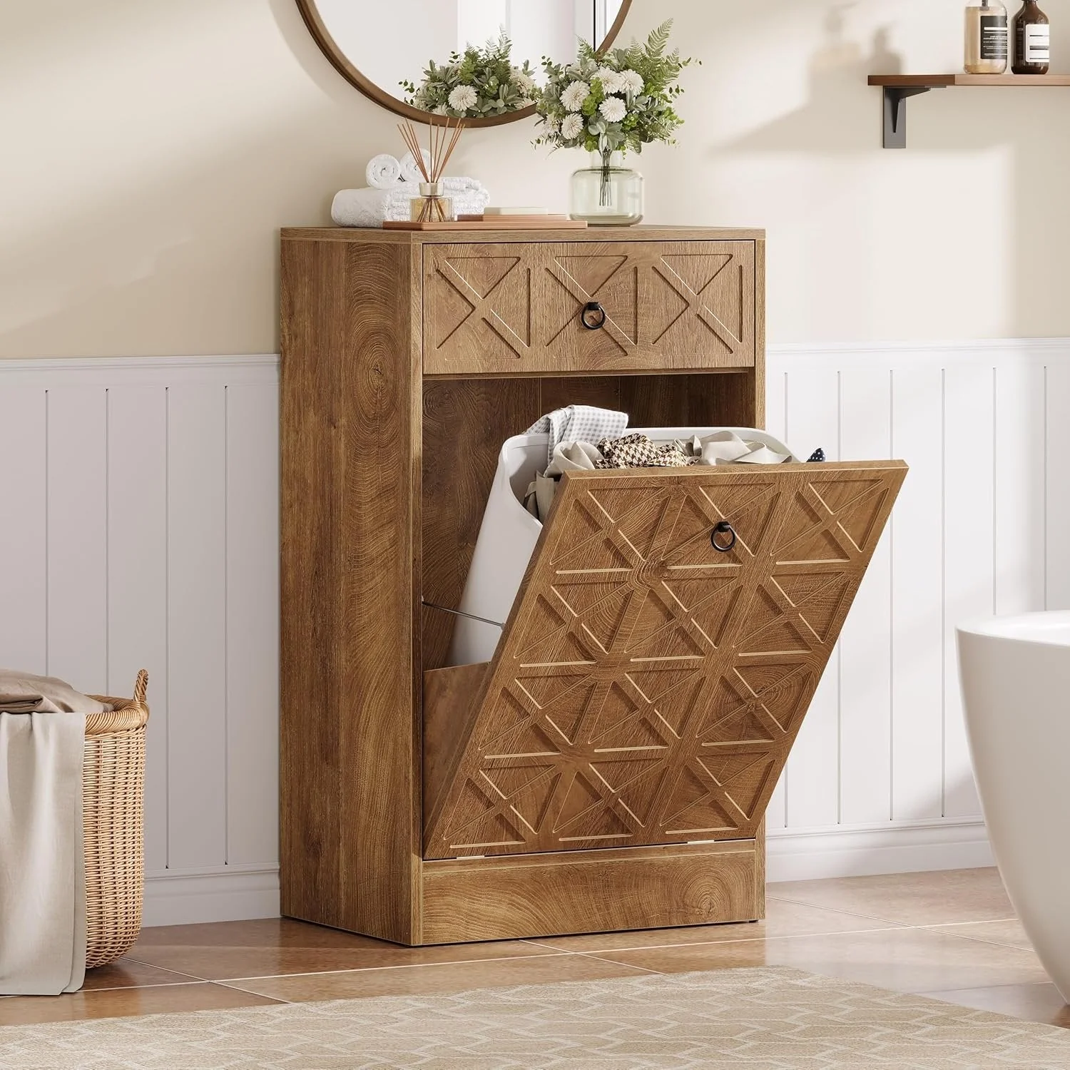 13 Gallon Tilt-Out Laundry Hamper, Wooden Hidden Cabinet with Drawer - Image 3