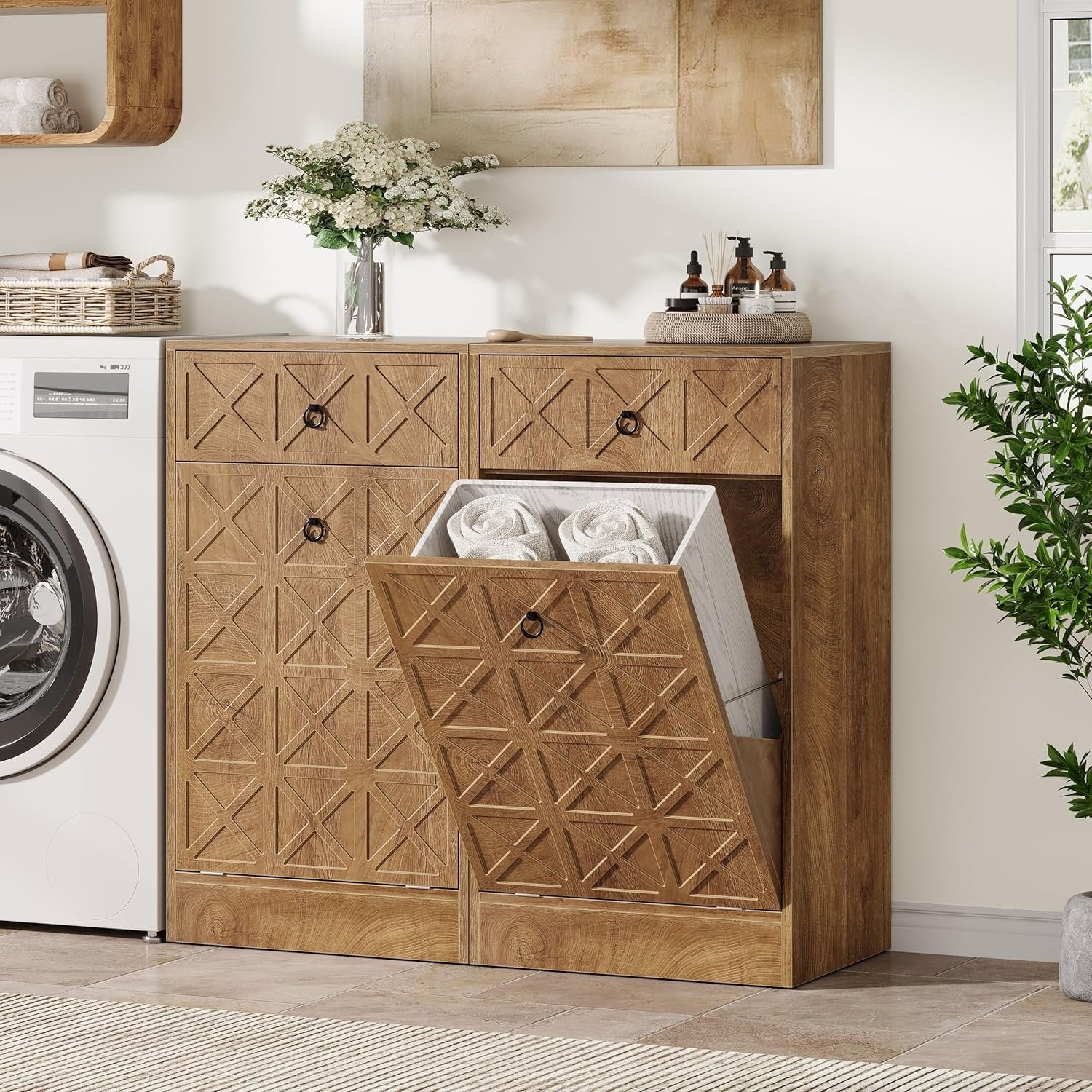 13 Gallon Tilt-Out Laundry Hamper, Wooden Hidden Cabinet with Drawer - Image 4