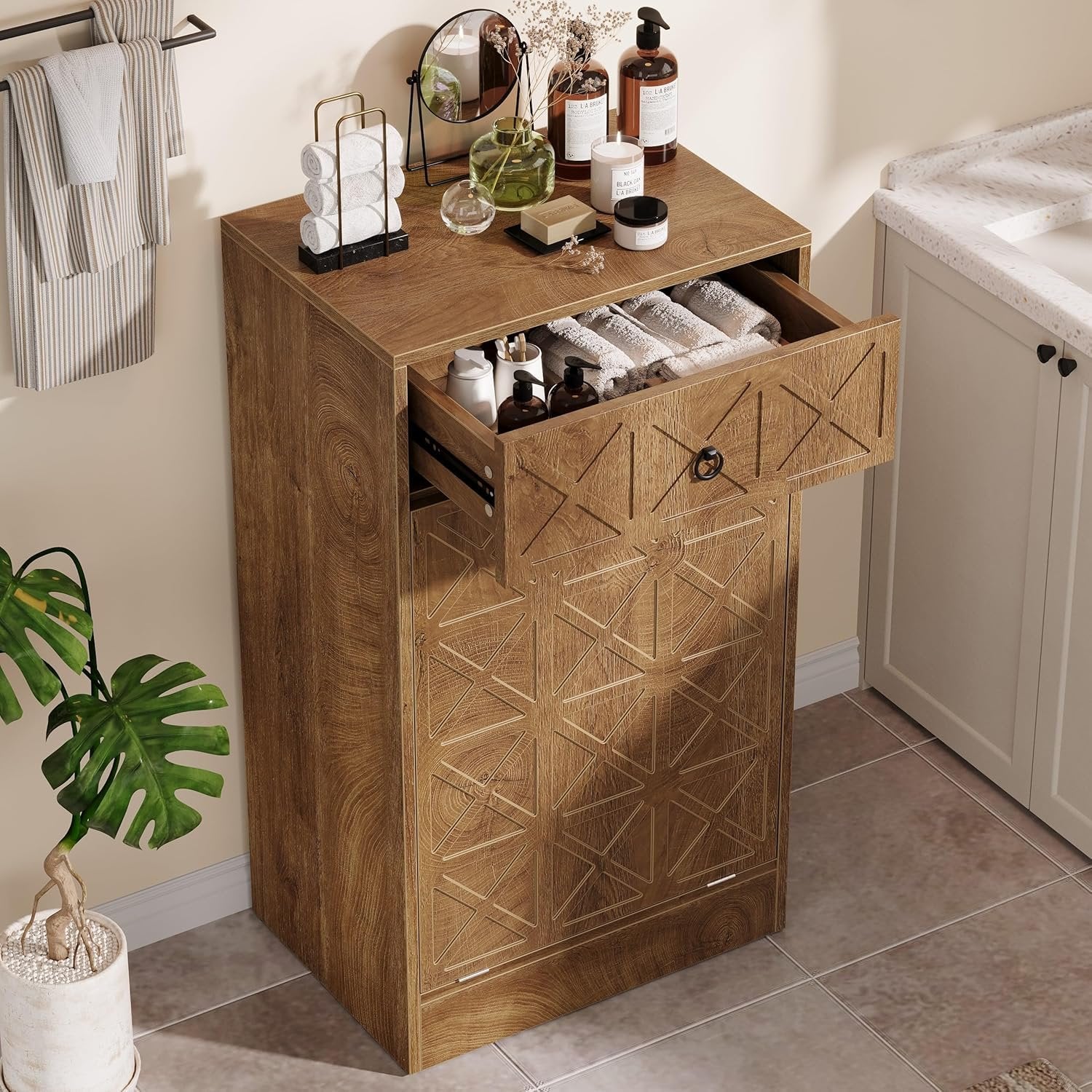 13 Gallon Tilt-Out Laundry Hamper, Wooden Hidden Cabinet with Drawer - Image 5