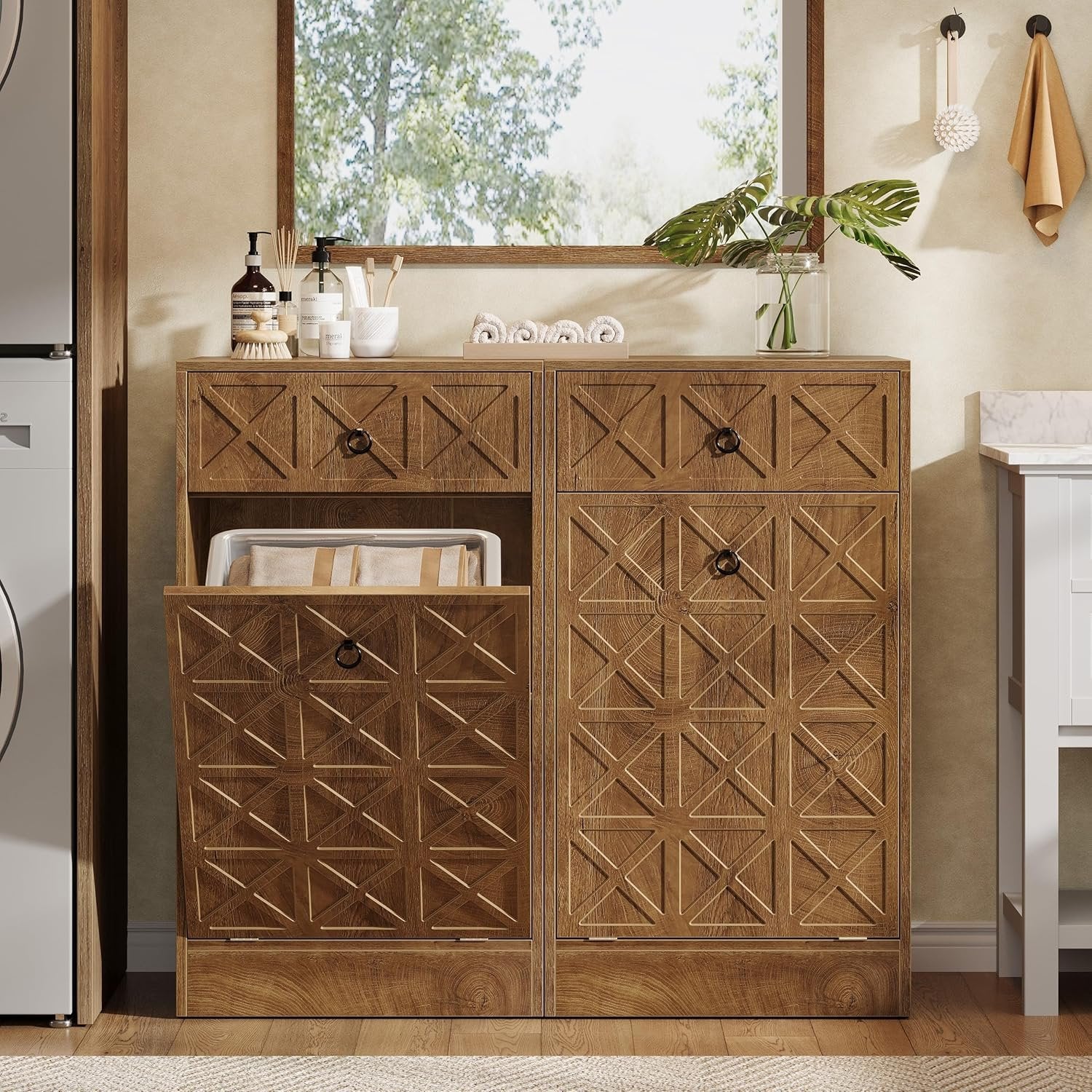 13 Gallon Tilt-Out Laundry Hamper, Wooden Hidden Cabinet with Drawer - Image 6