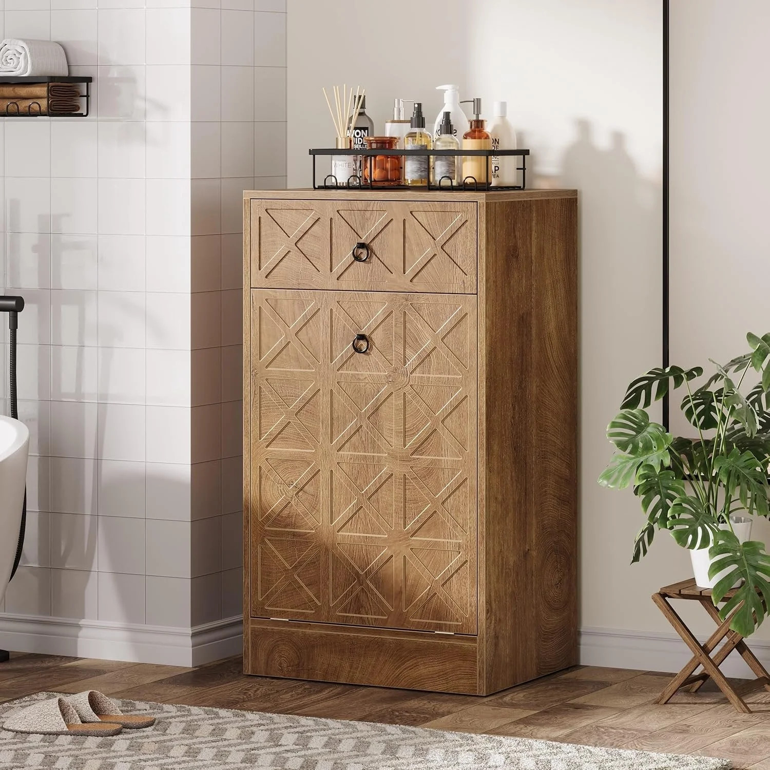 13 Gallon Tilt-Out Laundry Hamper, Wooden Hidden Cabinet with Drawer - Image 7