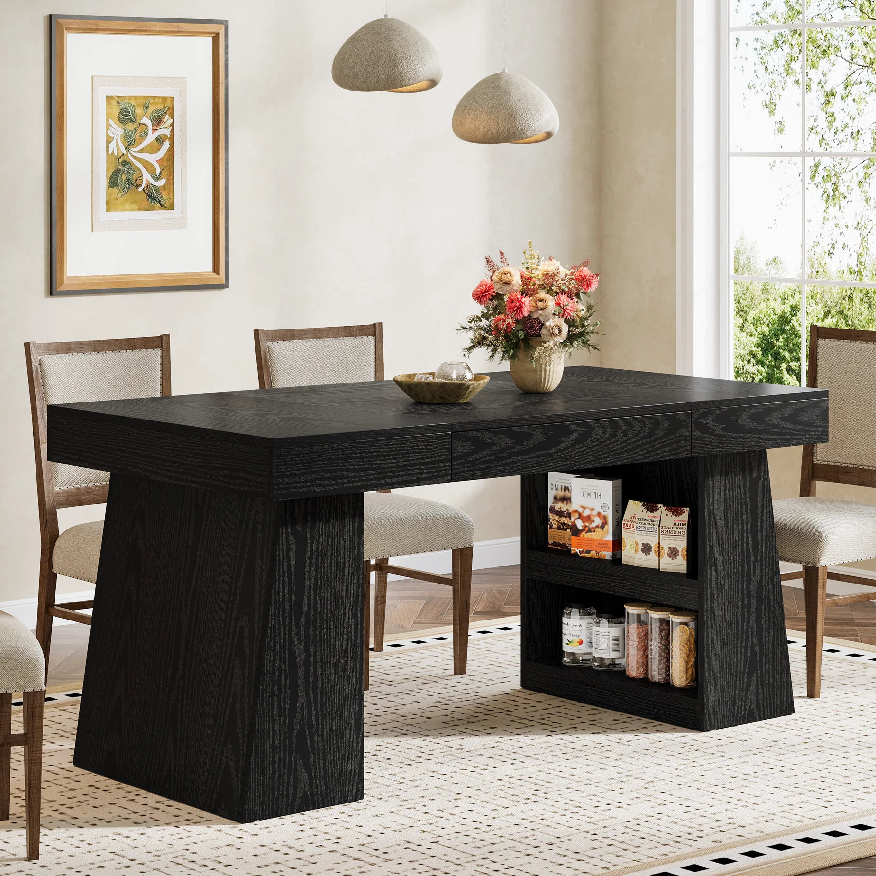 55" Dining Table, Wooden Kitchen Dinner Table with Storage Drawer for 4-6 People - Image 10
