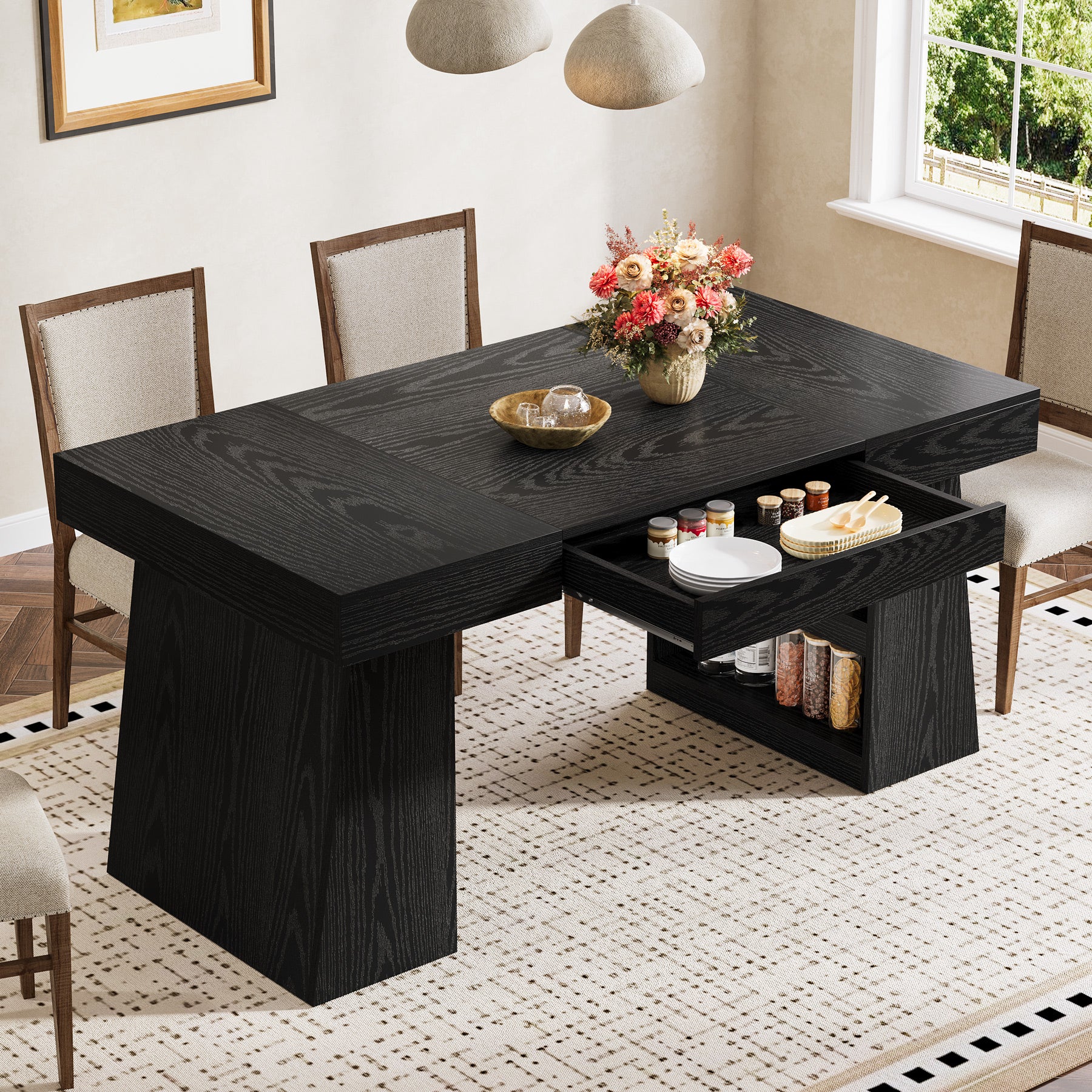 55" Dining Table, Wooden Kitchen Dinner Table with Storage Drawer for 4-6 People - Image 11