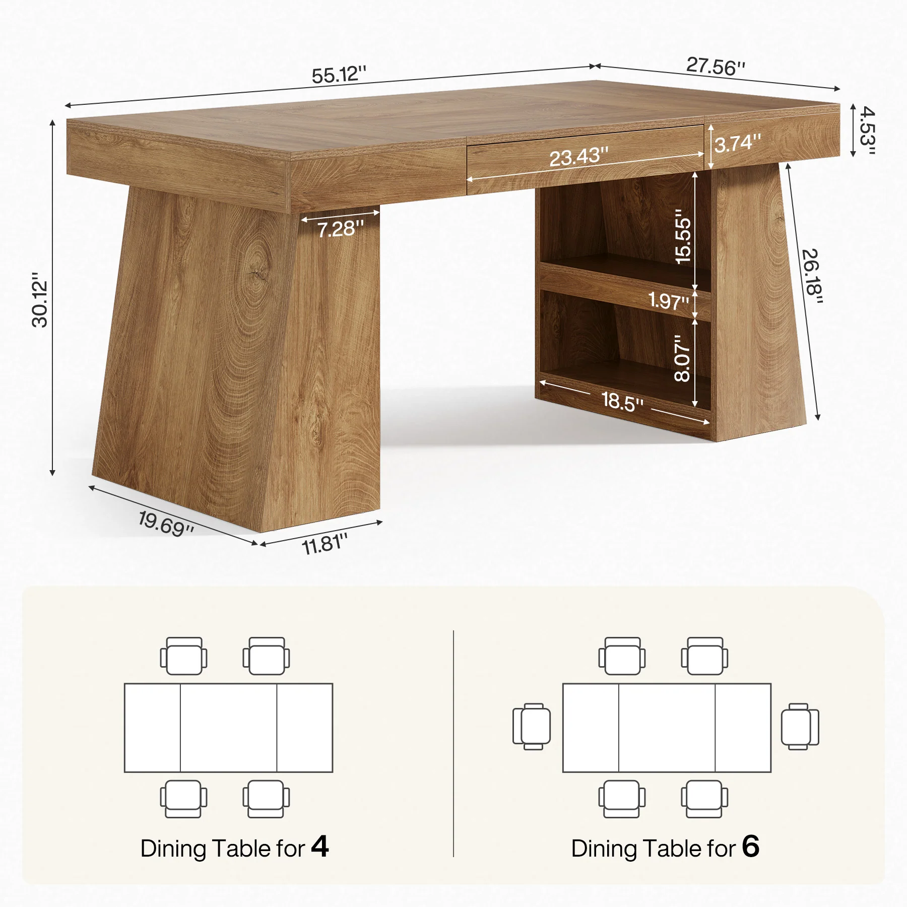 55" Dining Table, Wooden Kitchen Dinner Table with Storage Drawer for 4-6 People - Image 2