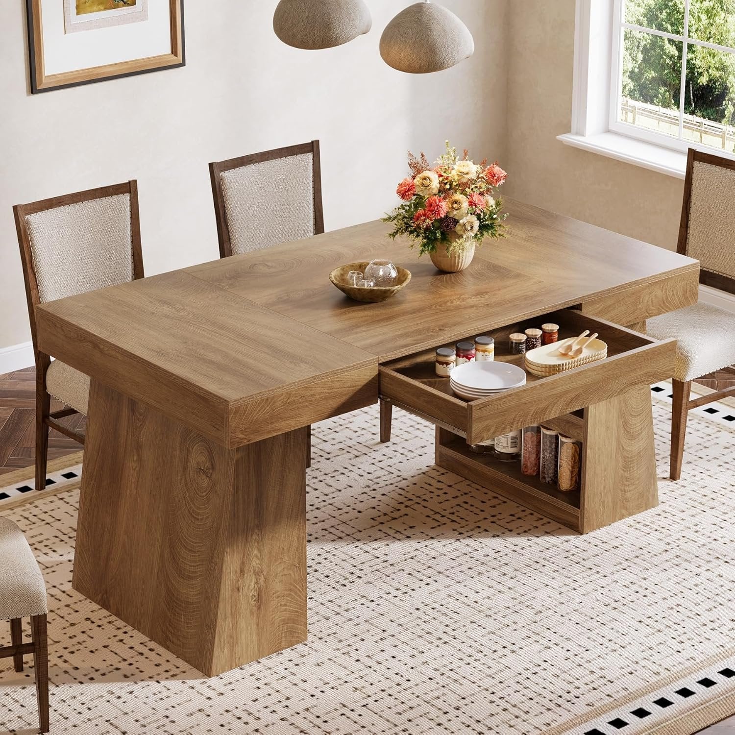 55" Dining Table, Wooden Kitchen Dinner Table with Storage Drawer for 4-6 People - Image 3