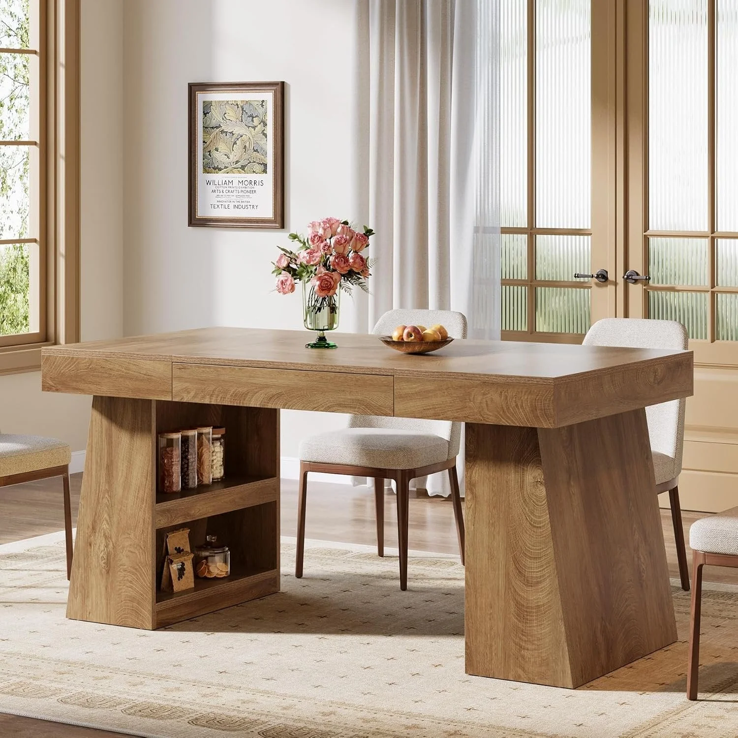 55" Dining Table, Wooden Kitchen Dinner Table with Storage Drawer for 4-6 People - Image 4