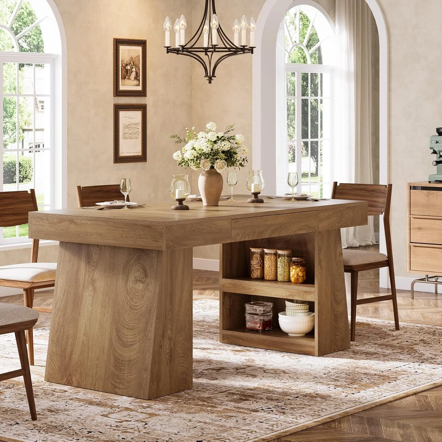 55" Dining Table, Wooden Kitchen Dinner Table with Storage Drawer for 4-6 People - Image 5