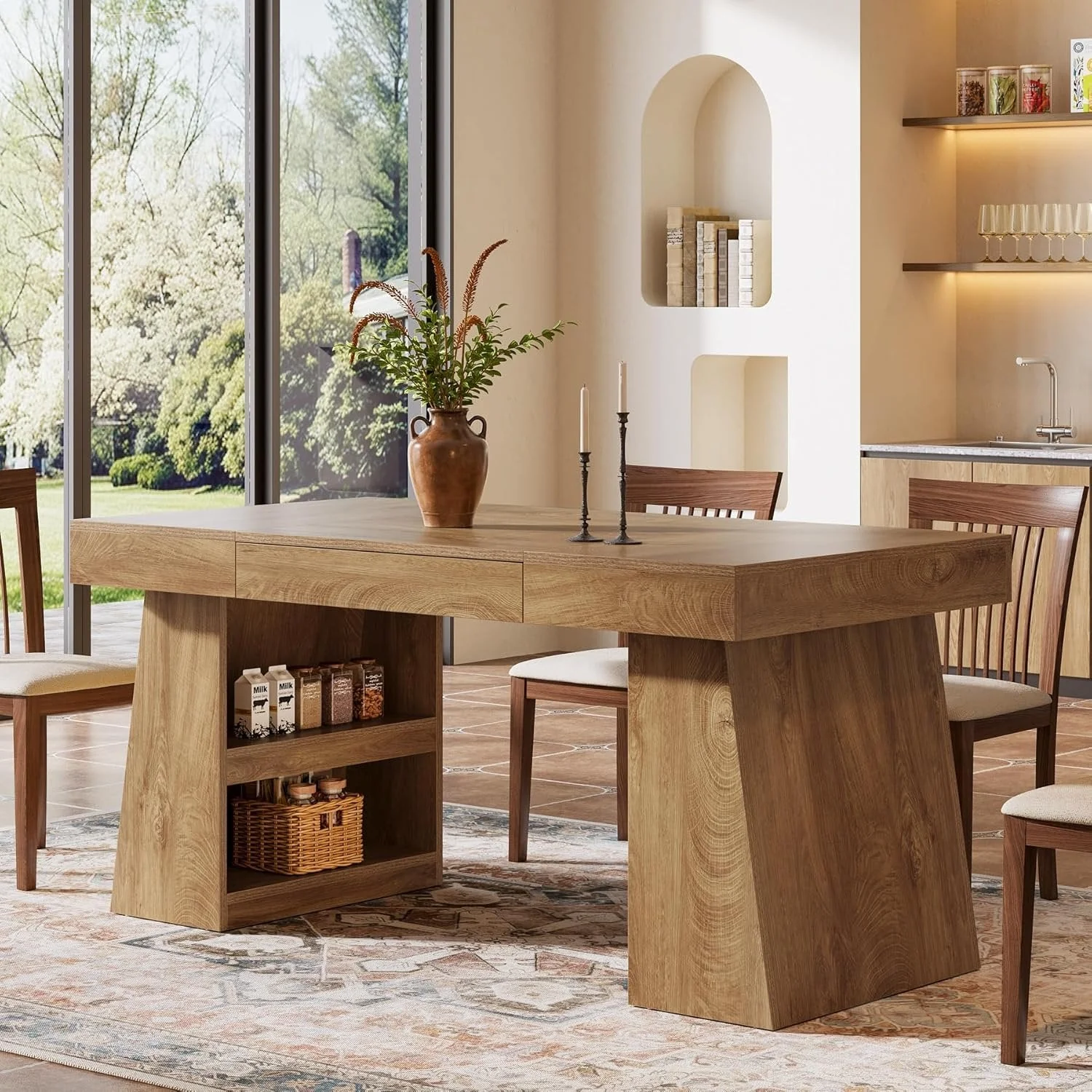 55" Dining Table, Wooden Kitchen Dinner Table with Storage Drawer for 4-6 People - Image 6