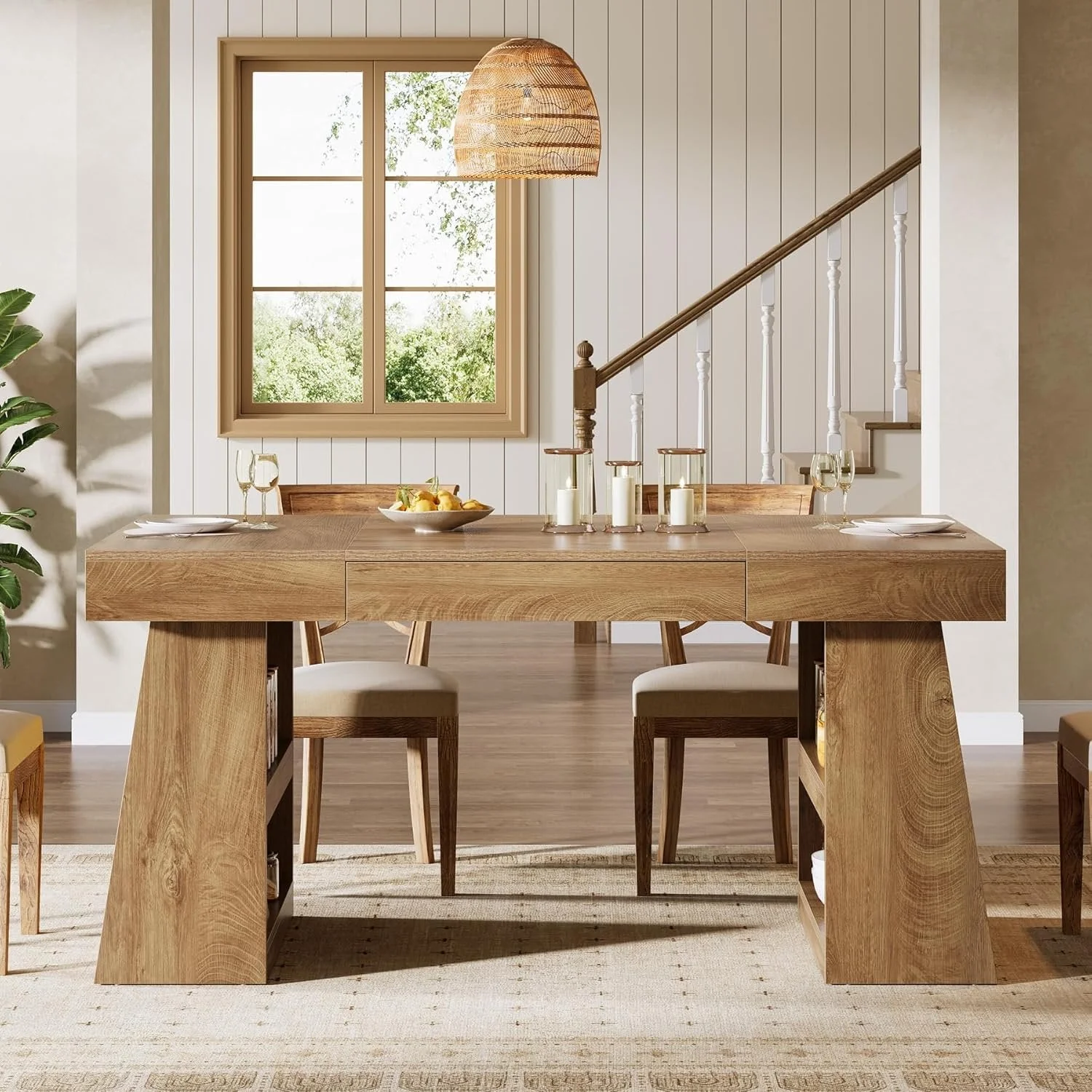 55" Dining Table, Wooden Kitchen Dinner Table with Storage Drawer for 4-6 People - Image 7