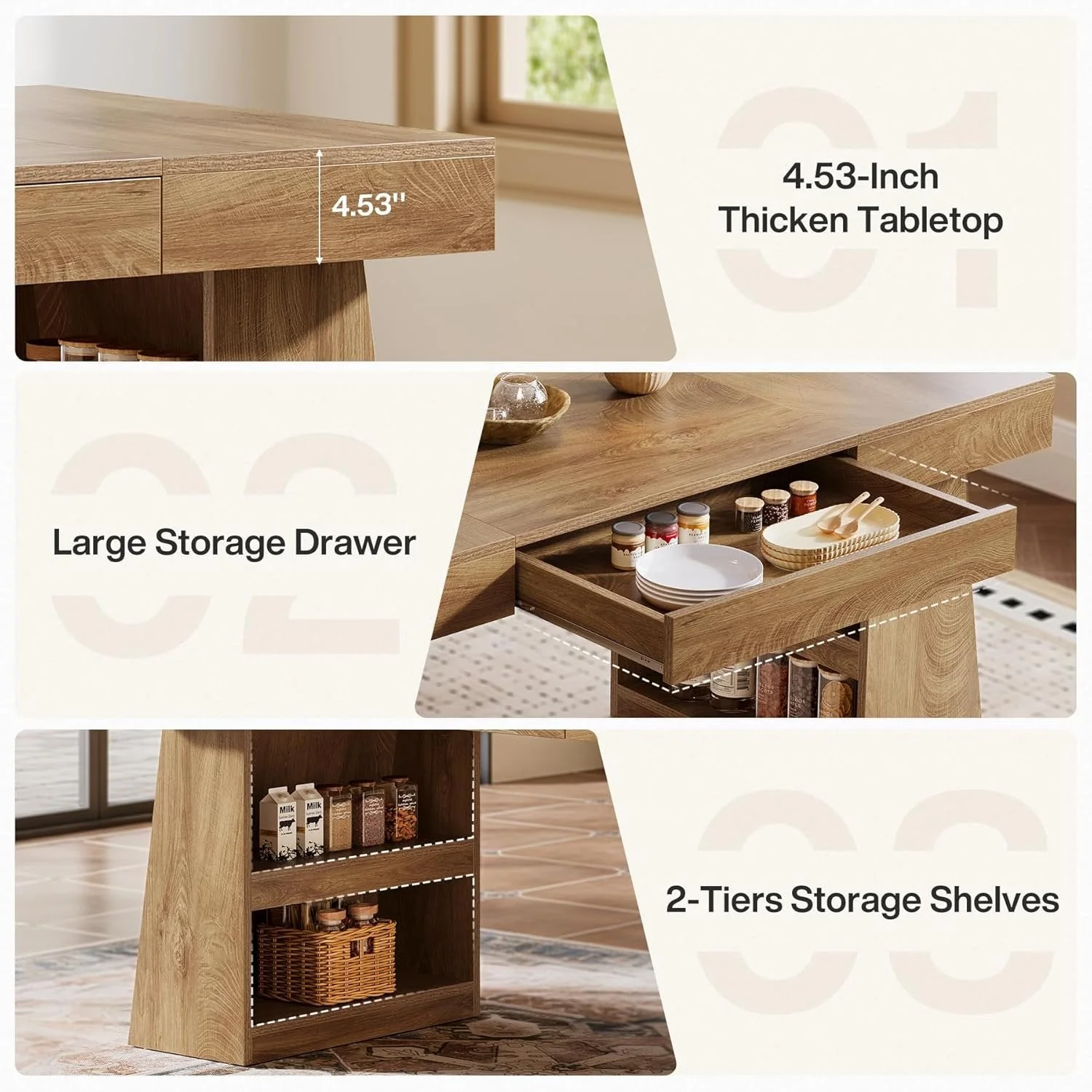 55" Dining Table, Wooden Kitchen Dinner Table with Storage Drawer for 4-6 People - Image 8