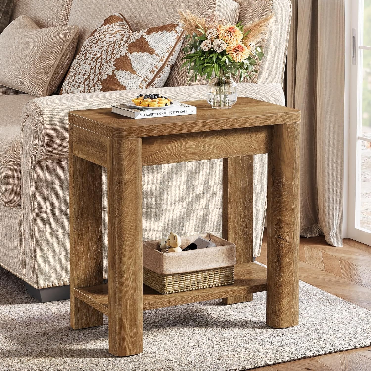 23.6" End Table, Farmhouse Wooden Side Table with Storage Shelf - Image 3
