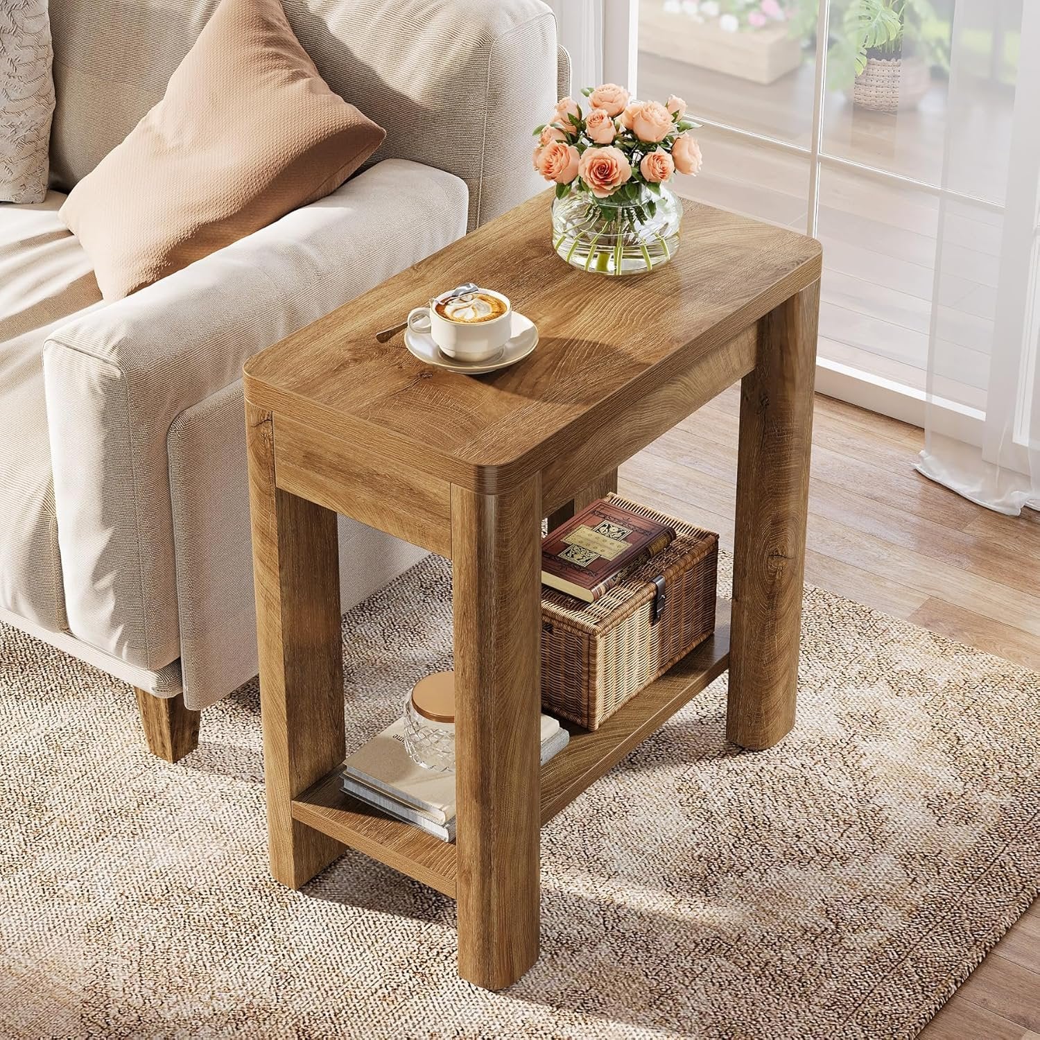 23.6" End Table, Farmhouse Wooden Side Table with Storage Shelf - Image 8