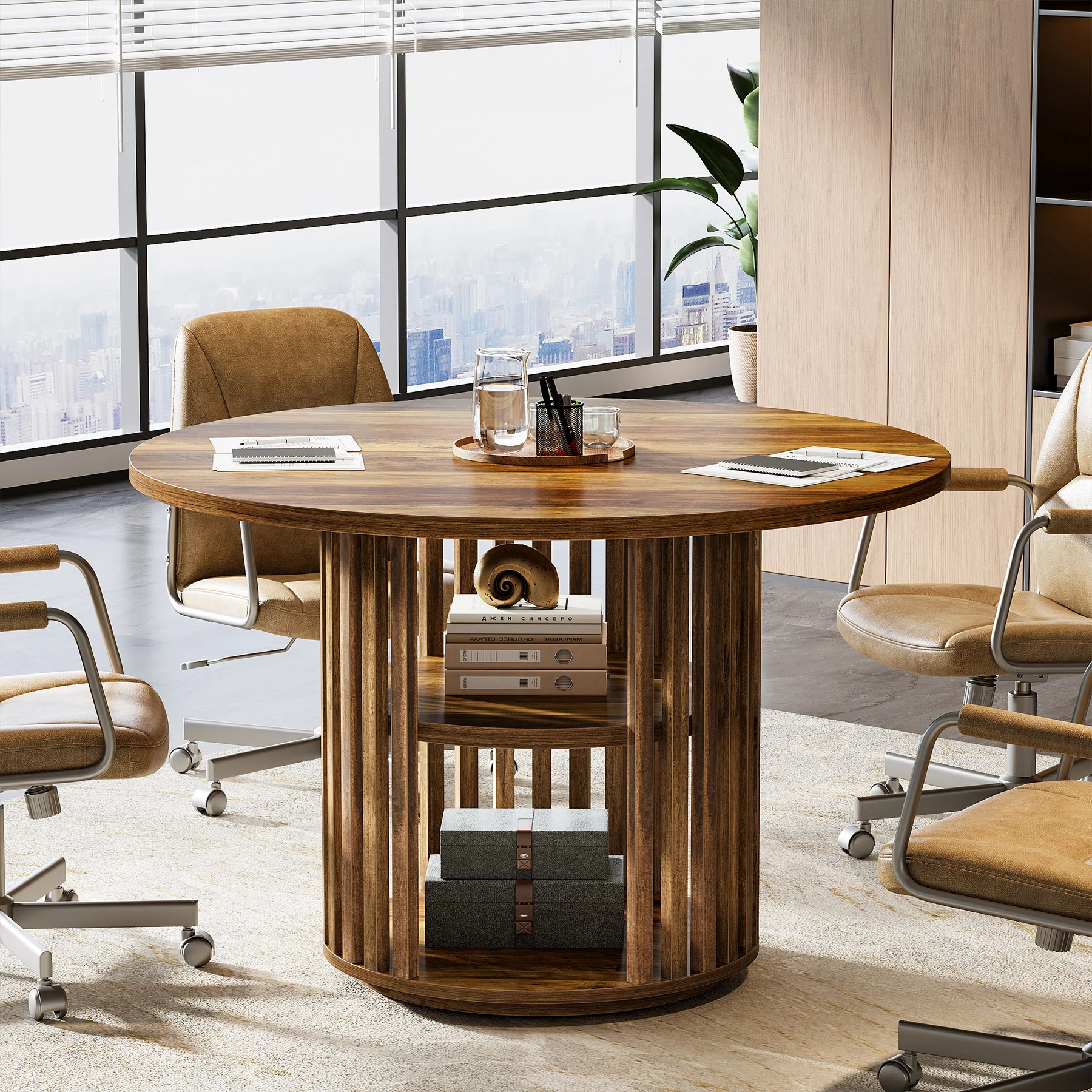 47" Round Conference Table, Wooden Small Meeting Room Table for 4 - Image 3