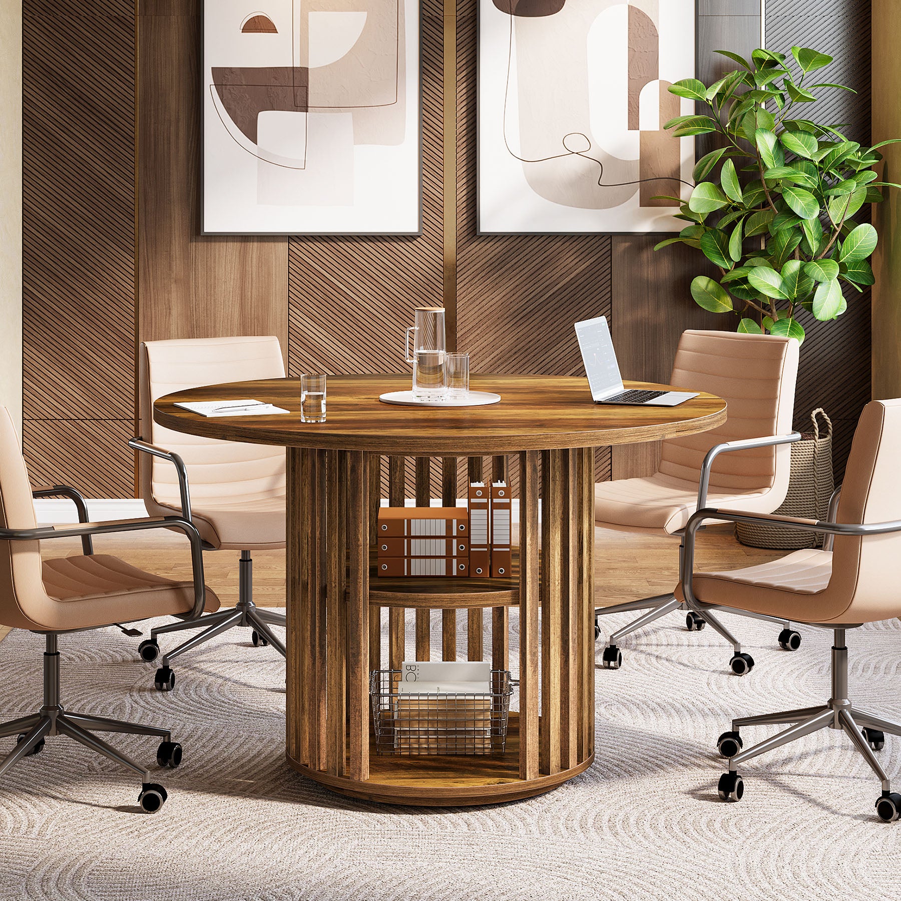 47" Round Conference Table, Wooden Small Meeting Room Table for 4 - Image 4