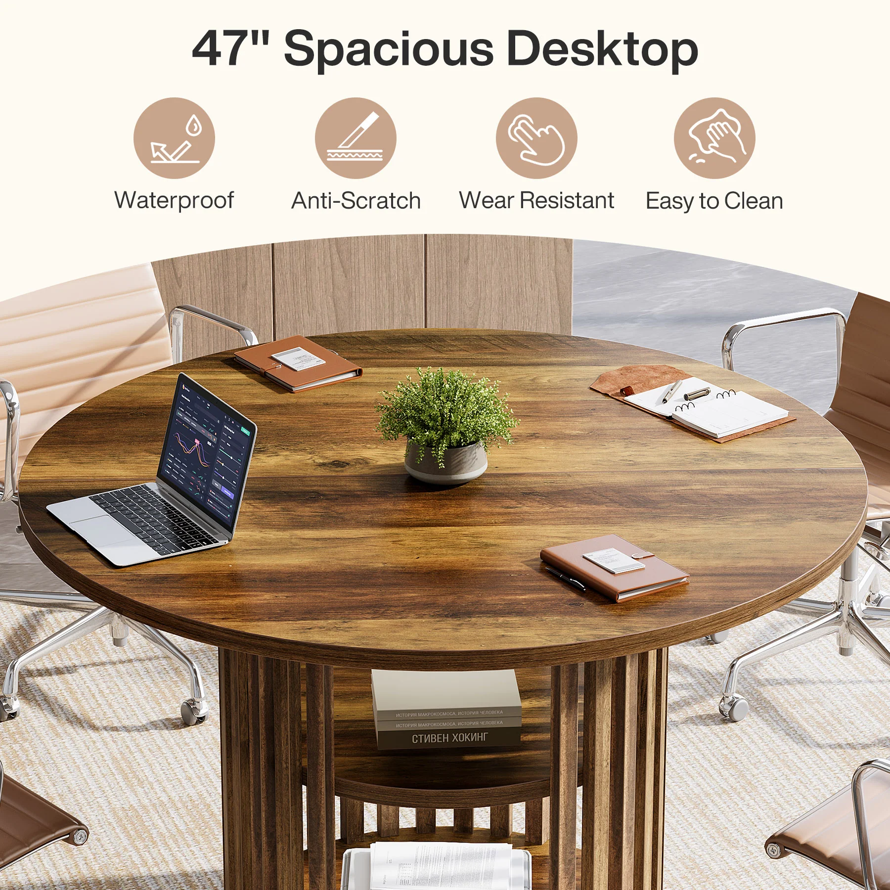 47" Round Conference Table, Wooden Small Meeting Room Table for 4 - Image 7