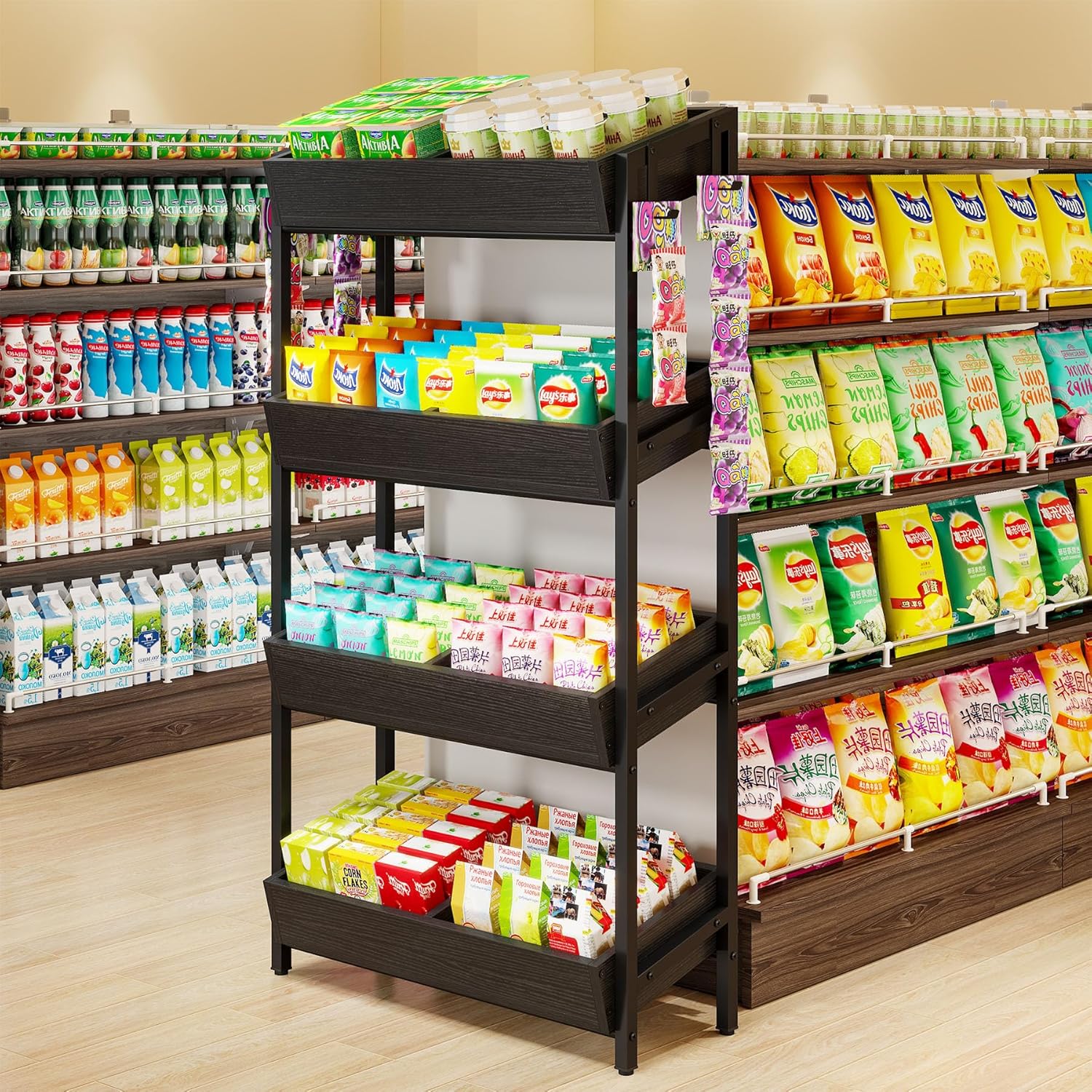 4-Tier Retail Display Rack, Wooden Snack Candy Rack Storage Shelf Organizer - Image 10