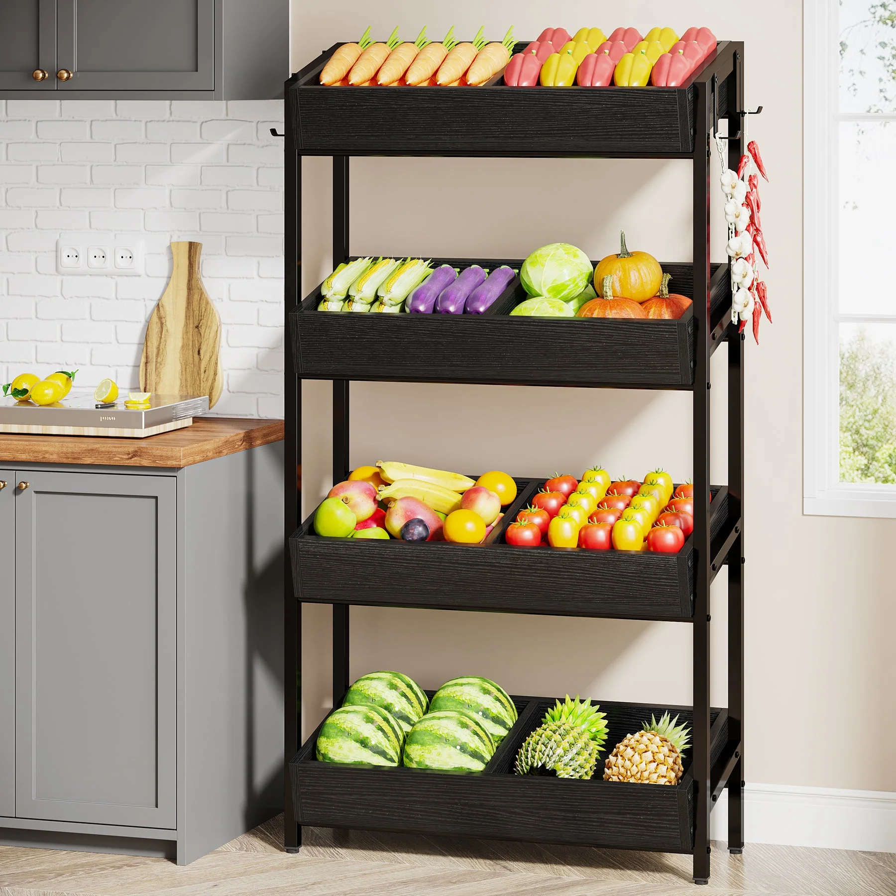 Wood Fruit Vegetable Storage Rack Stand, 4-Tier Storage Organizer - Image 9