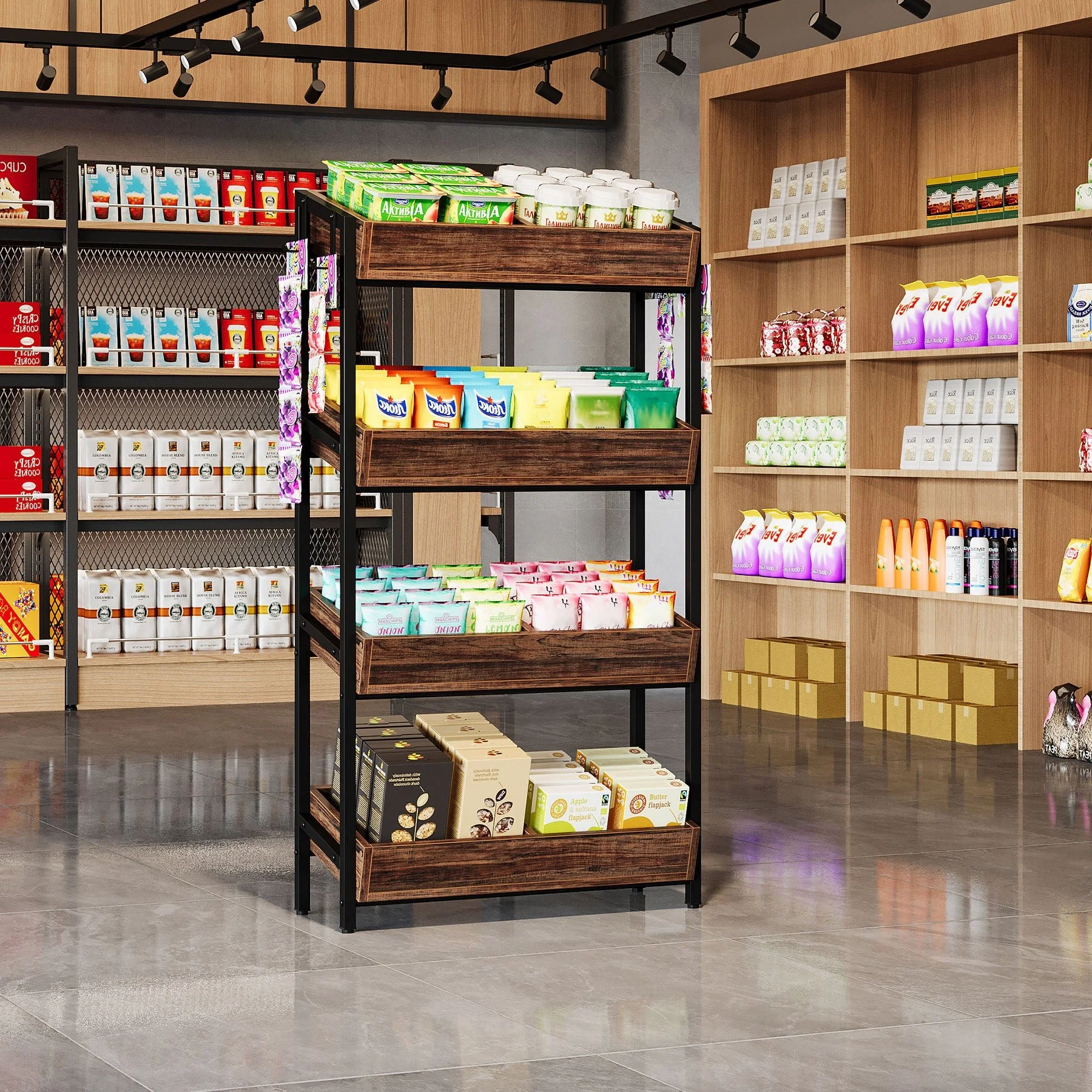 4-Tier Retail Display Rack, Wooden Snack Candy Rack Storage Shelf Organizer - Image 4