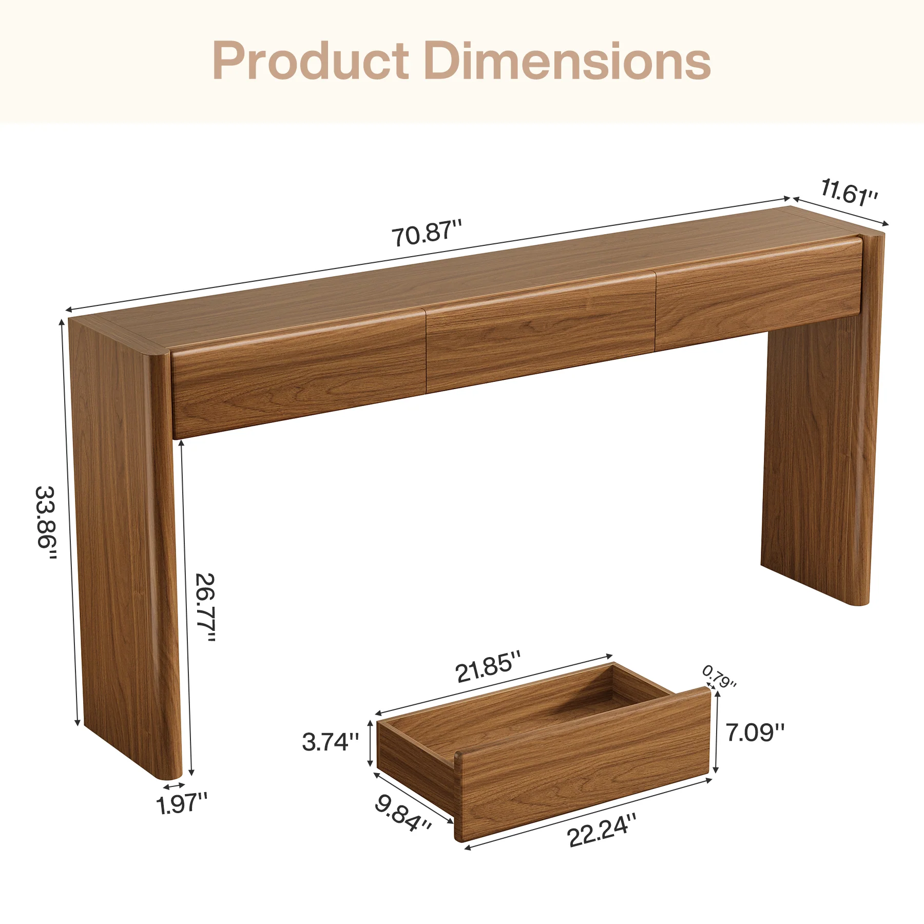 70.9" Console Table, Wooden Sofa Entryway Table with 3 Drawers - Image 2