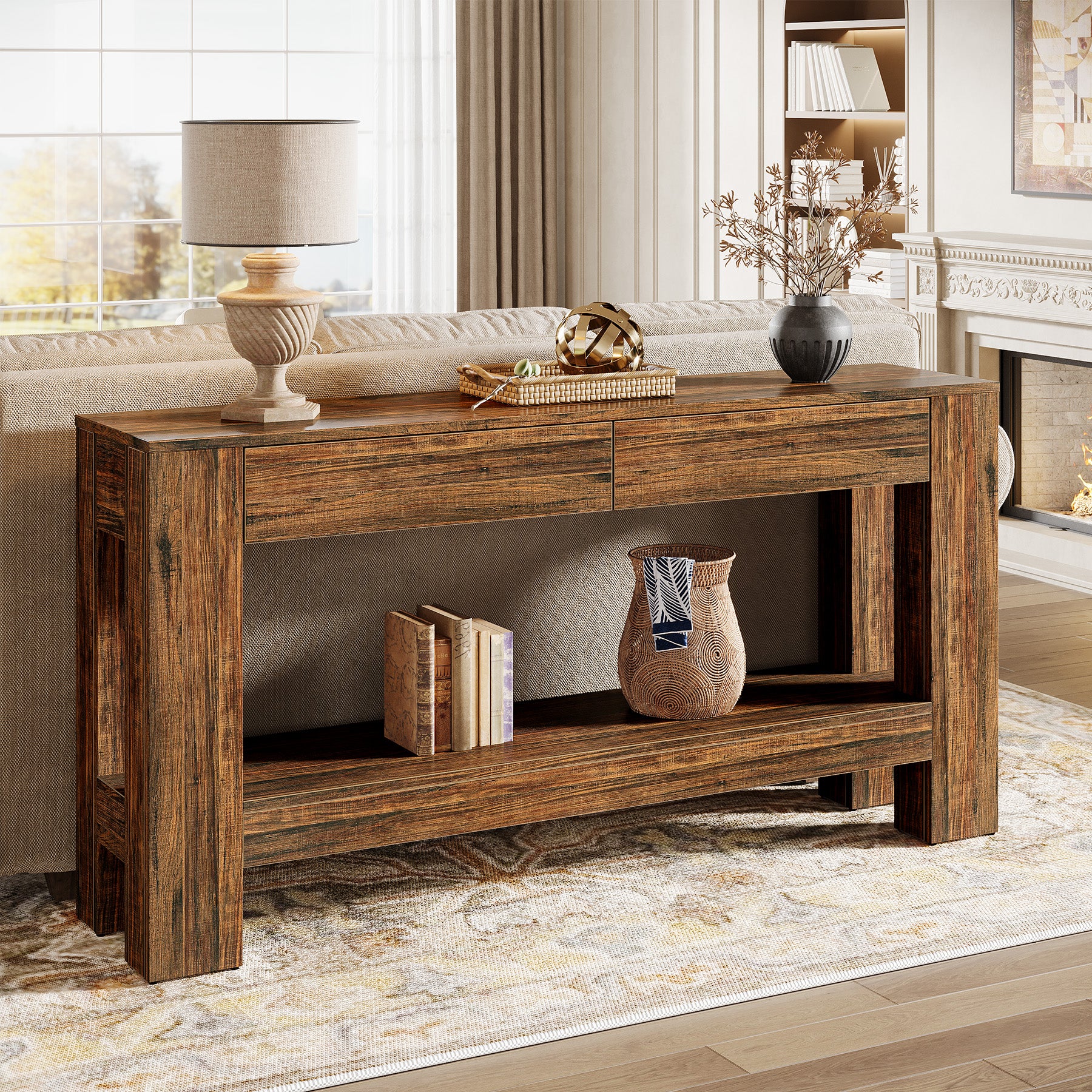63" Console Table, Farmhouse Wooden Sofa Entryway Table with 2 Drawers - Image 10
