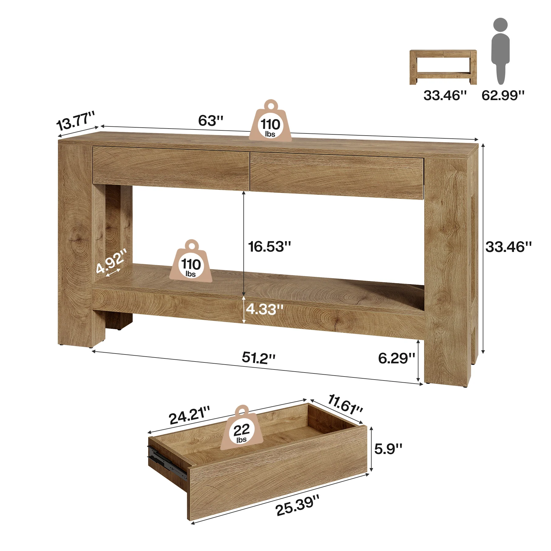 63" Console Table, Farmhouse Wooden Sofa Entryway Table with 2 Drawers - Image 2