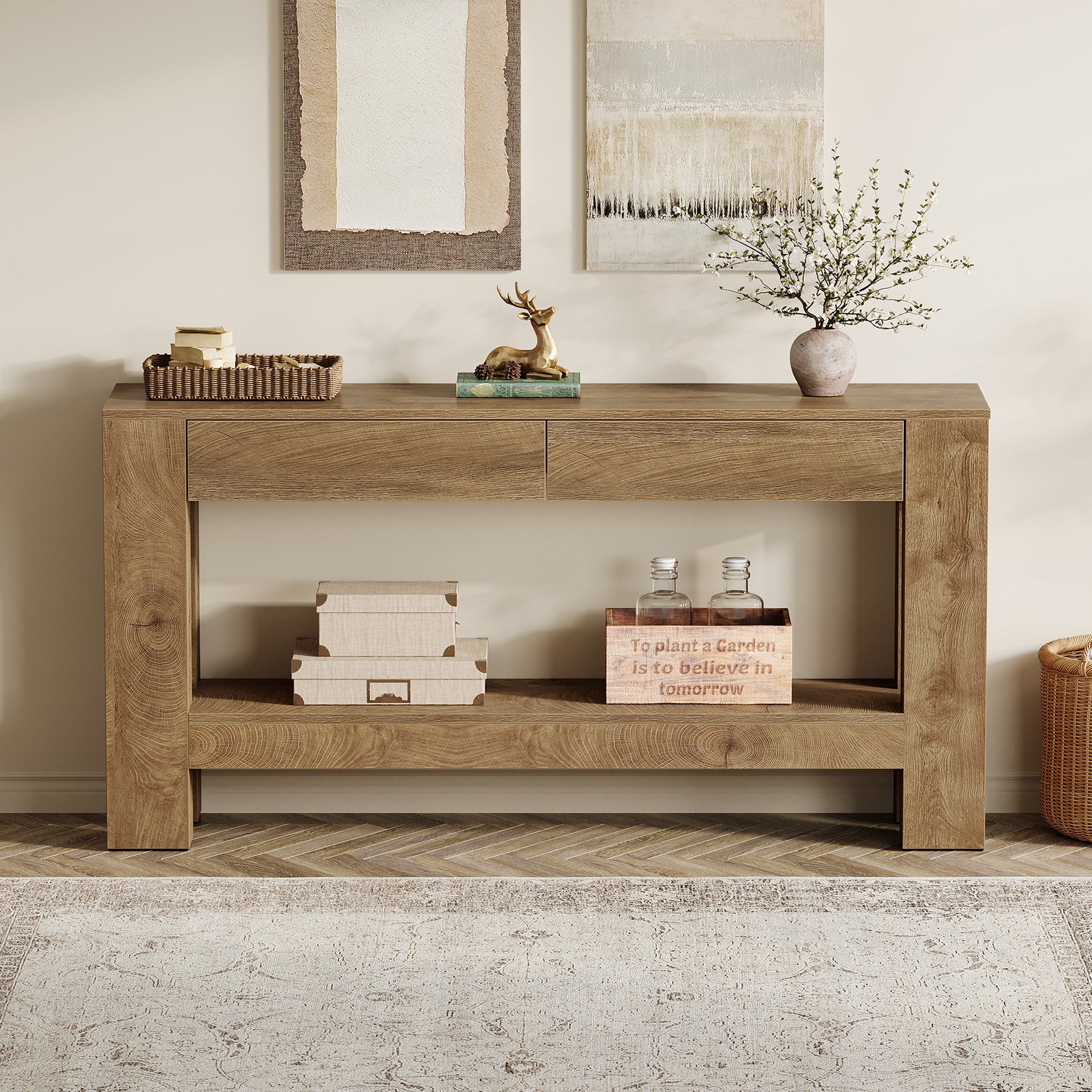 63" Console Table, Farmhouse Wooden Sofa Entryway Table with 2 Drawers - Image 3