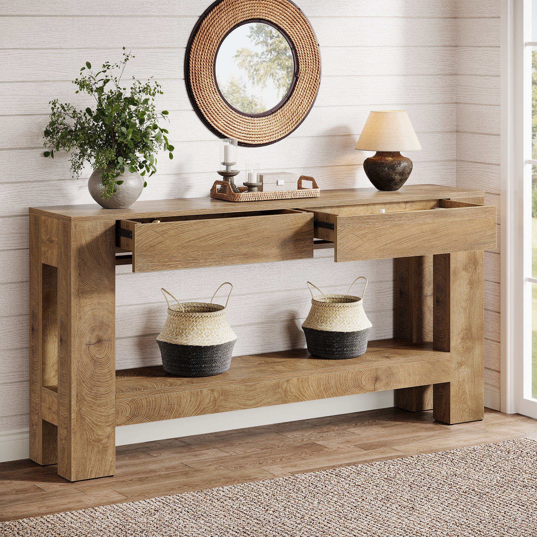 63" Console Table, Farmhouse Wooden Sofa Entryway Table with 2 Drawers - Image 4