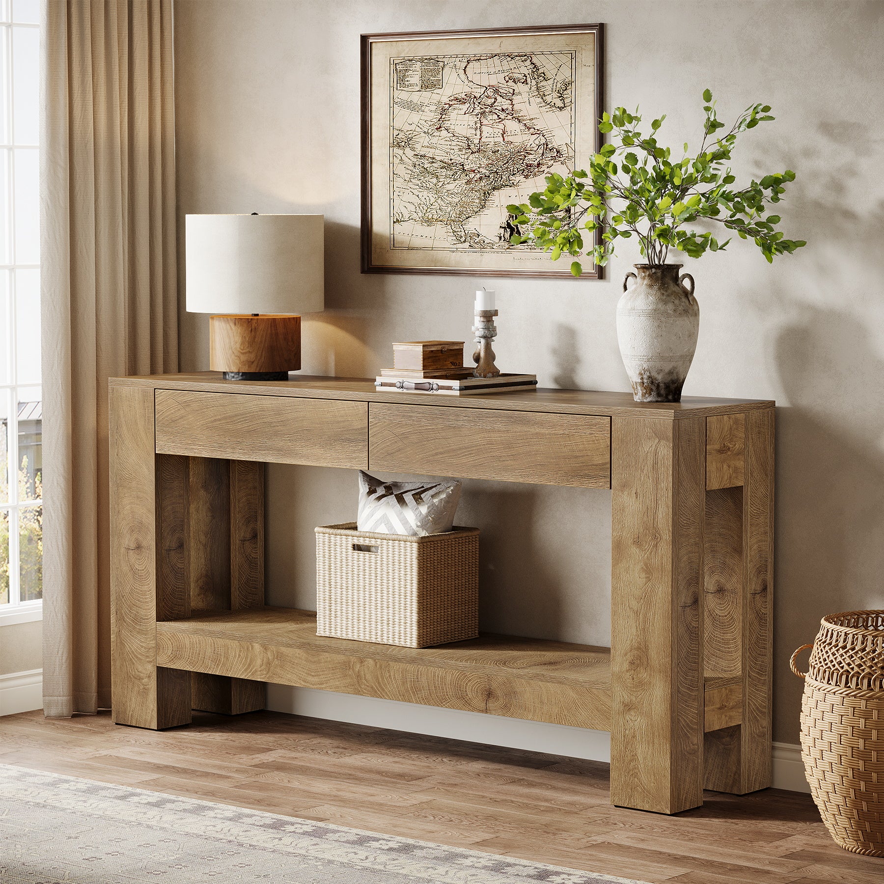 63" Console Table, Farmhouse Wooden Sofa Entryway Table with 2 Drawers - Image 5