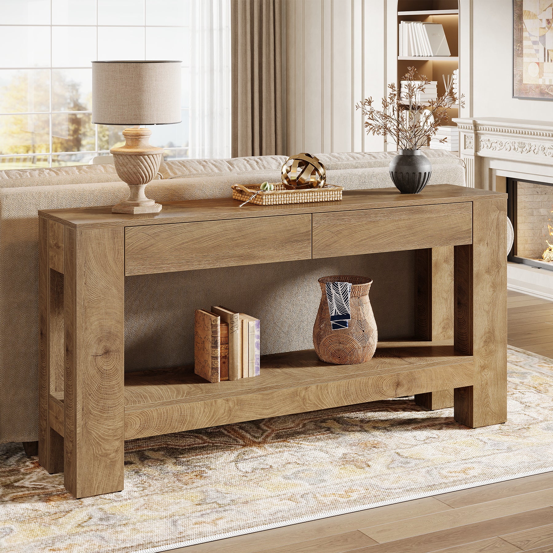63" Console Table, Farmhouse Wooden Sofa Entryway Table with 2 Drawers - Image 6
