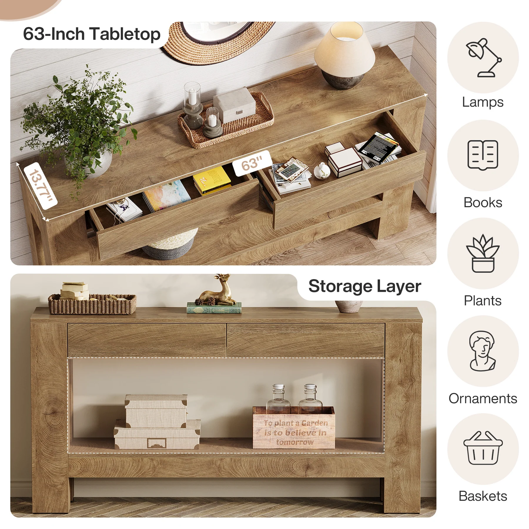 63" Console Table, Farmhouse Wooden Sofa Entryway Table with 2 Drawers - Image 7