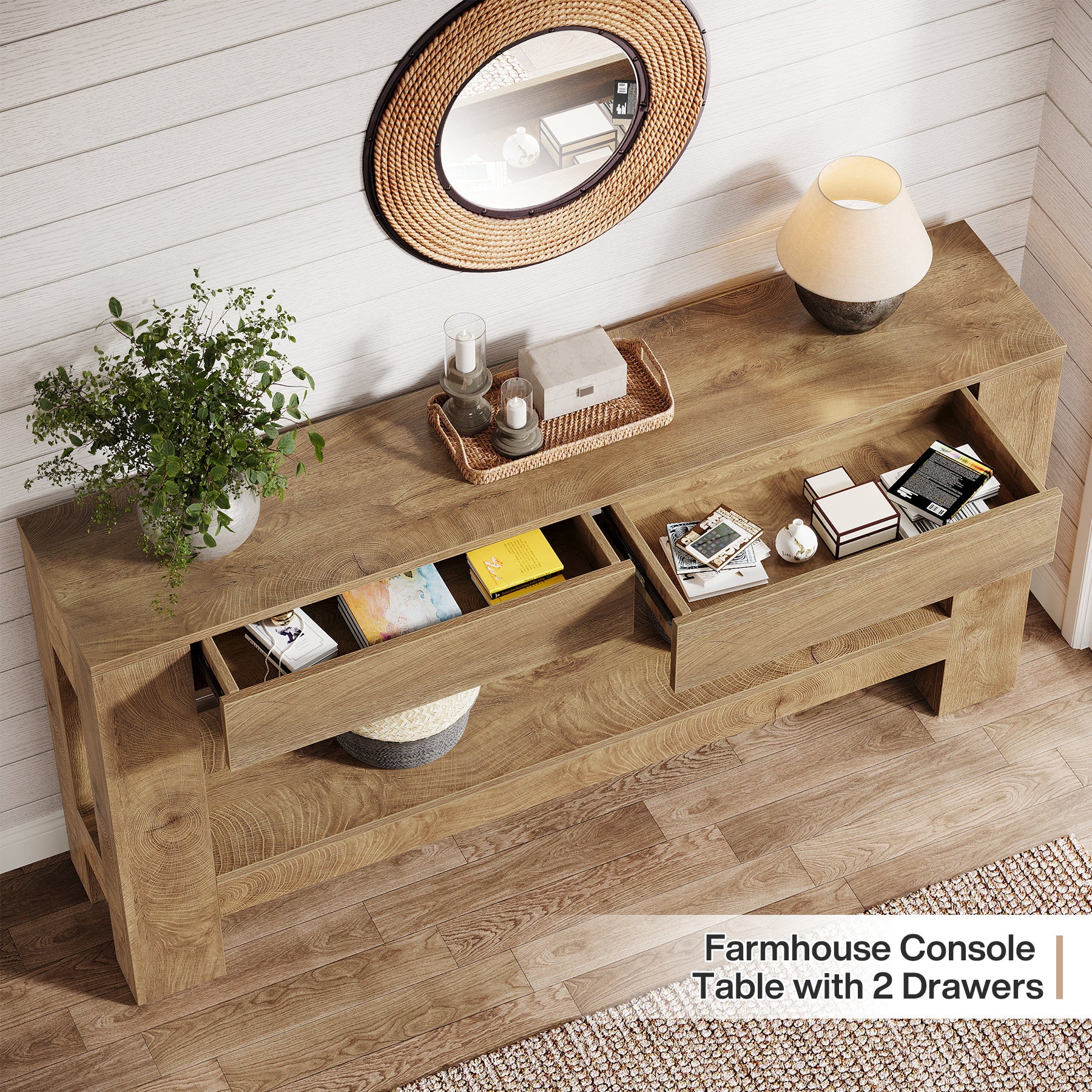 63" Console Table, Farmhouse Wooden Sofa Entryway Table with 2 Drawers - Image 8