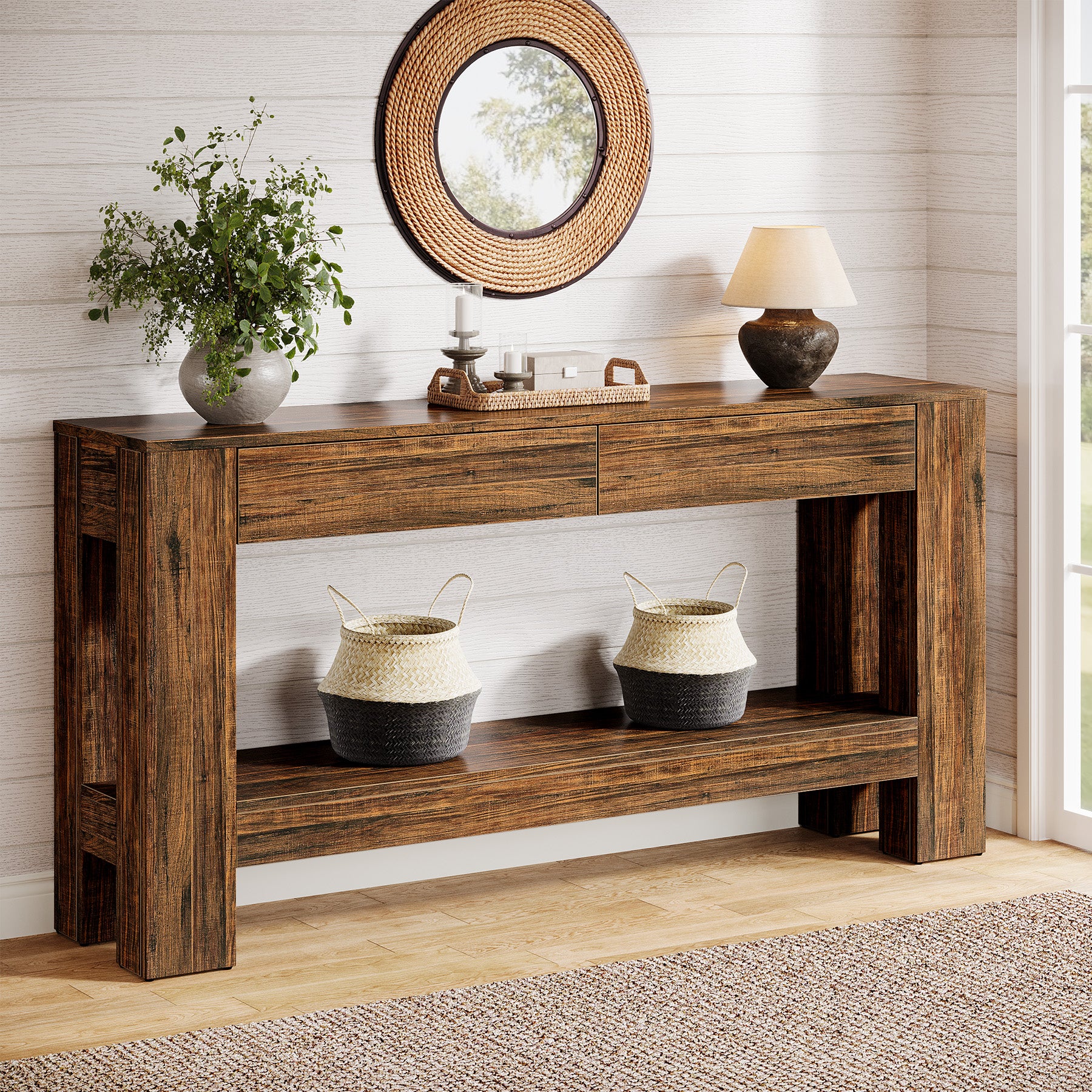 63" Console Table, Farmhouse Wooden Sofa Entryway Table with 2 Drawers - Image 9