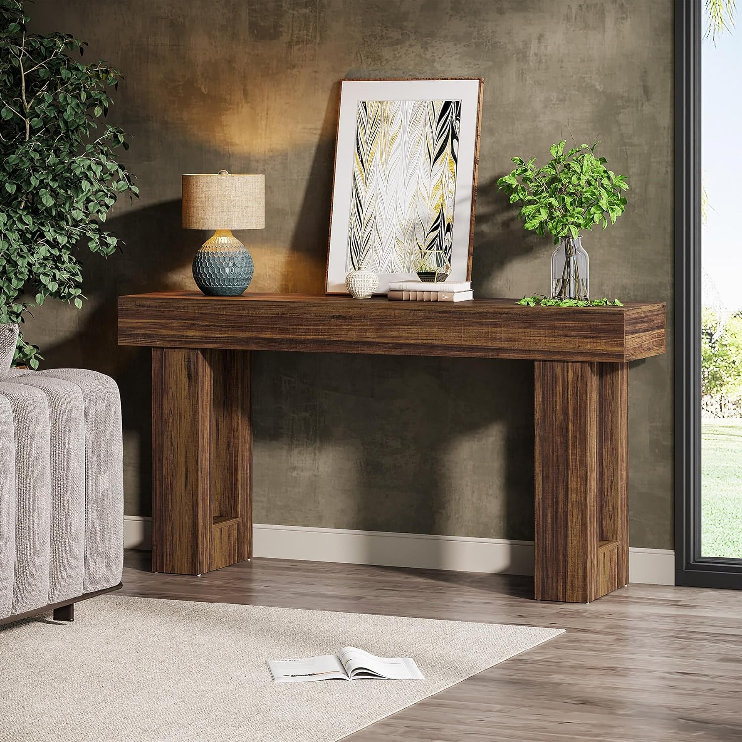 63" Rustic Sofa Table, Chunky Console Table for Entryway - Image 15