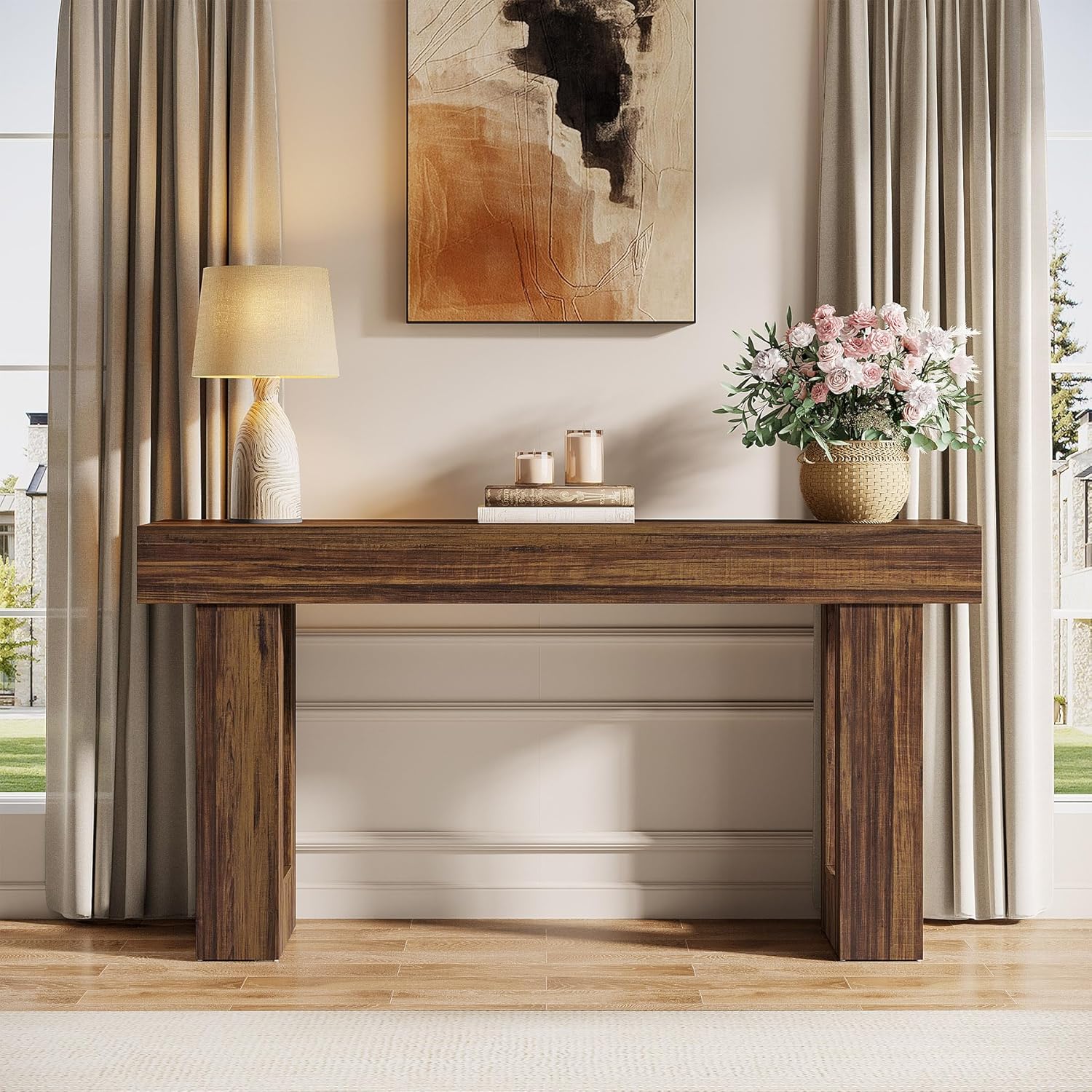 63" Rustic Sofa Table, Chunky Console Table for Entryway - Image 16