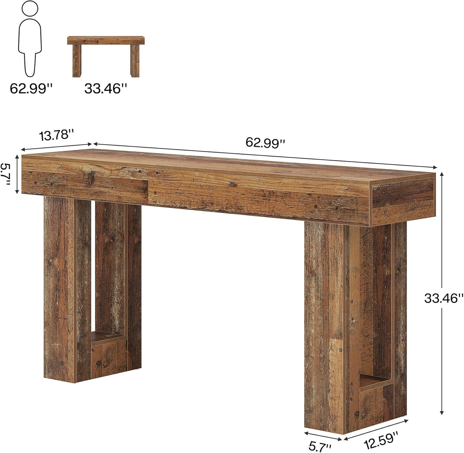 63" Rustic Sofa Table, Chunky Console Table for Entryway - Image 54