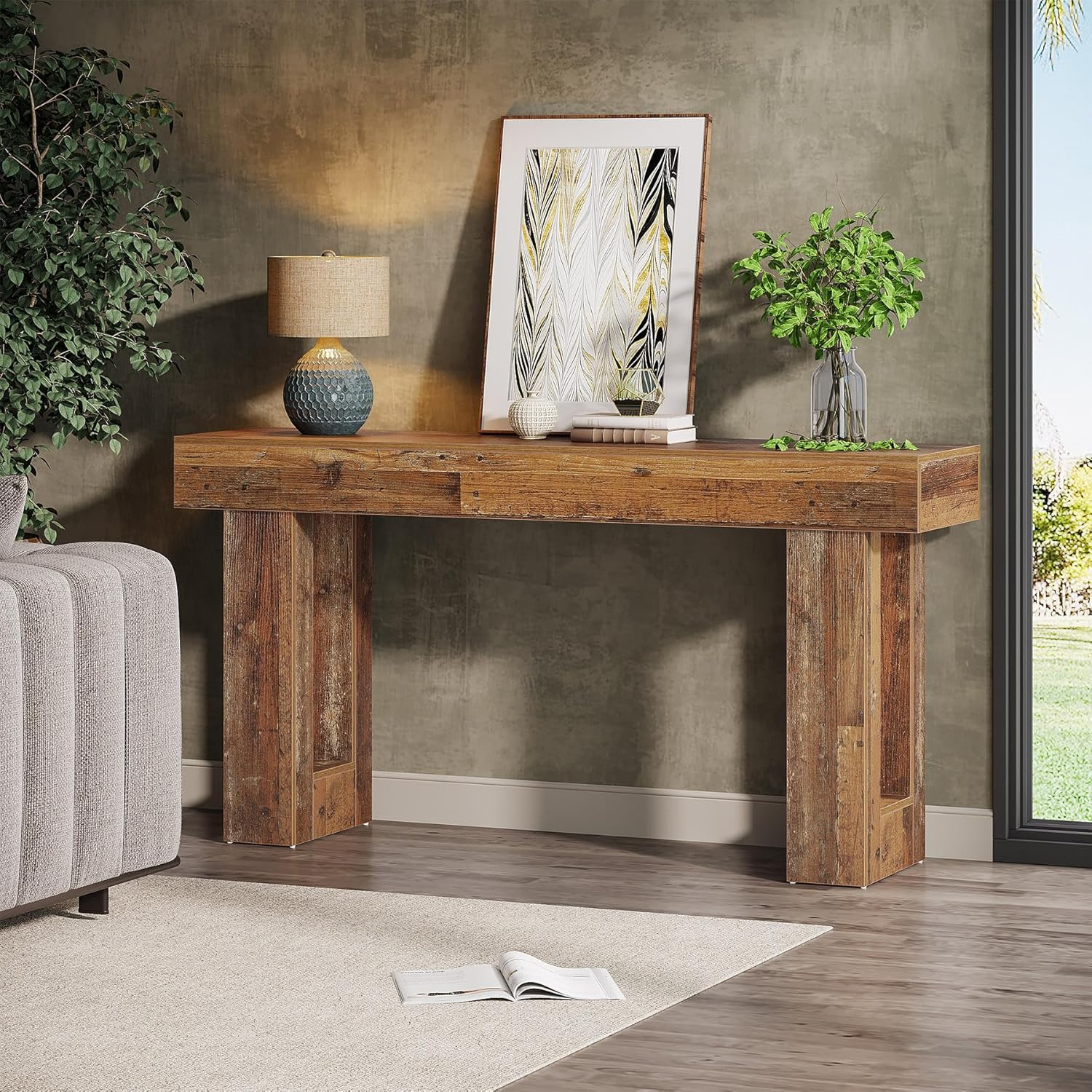 63" Rustic Sofa Table, Chunky Console Table for Entryway - Image 56