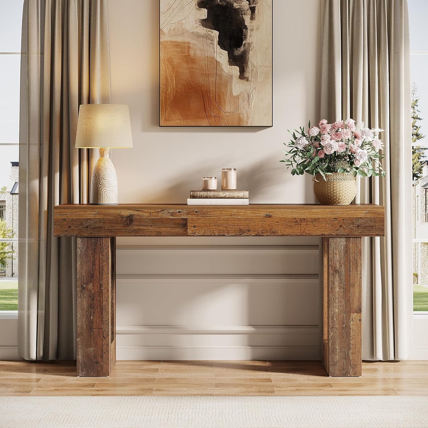 63" Rustic Sofa Table, Chunky Console Table for Entryway - Image 57