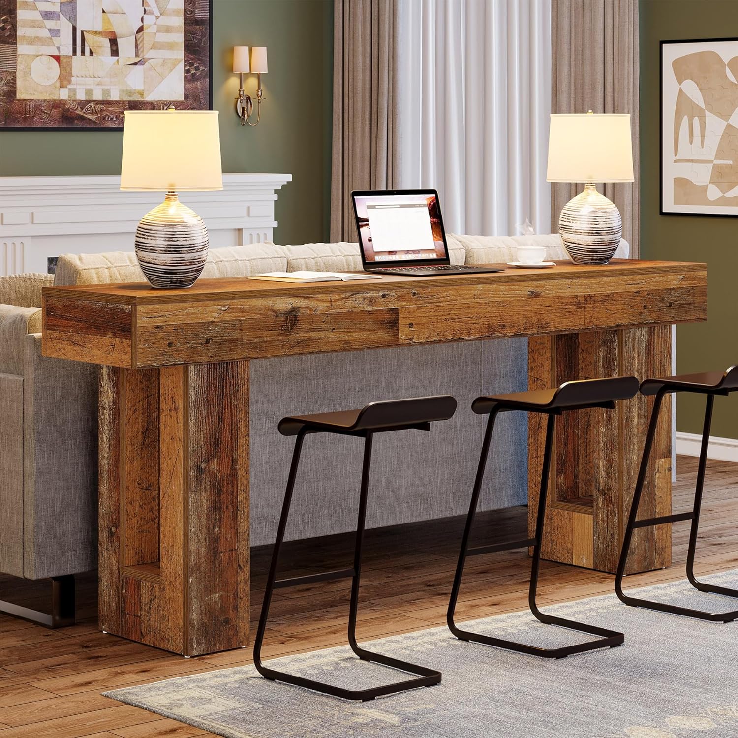 63" Rustic Sofa Table, Chunky Console Table for Entryway - Image 58